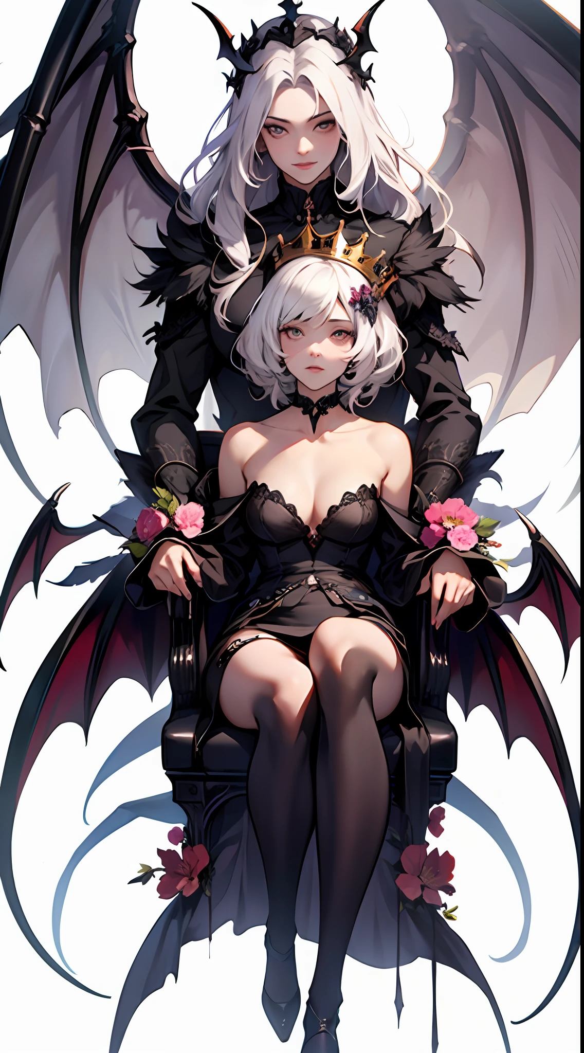 twins,2girls,(An angel,Golden crown,White feathers),(A devil,Skeleton Crown,Black bat wings),Heaven and hell coexist,((Half blooming flowers,Half withered flowers)),Wings,Quantum entanglement,((Hyper-realistic)),Roulette of background fate,intricated,offcial art,masterpiece,high qulity,super-fine,16K resolution,