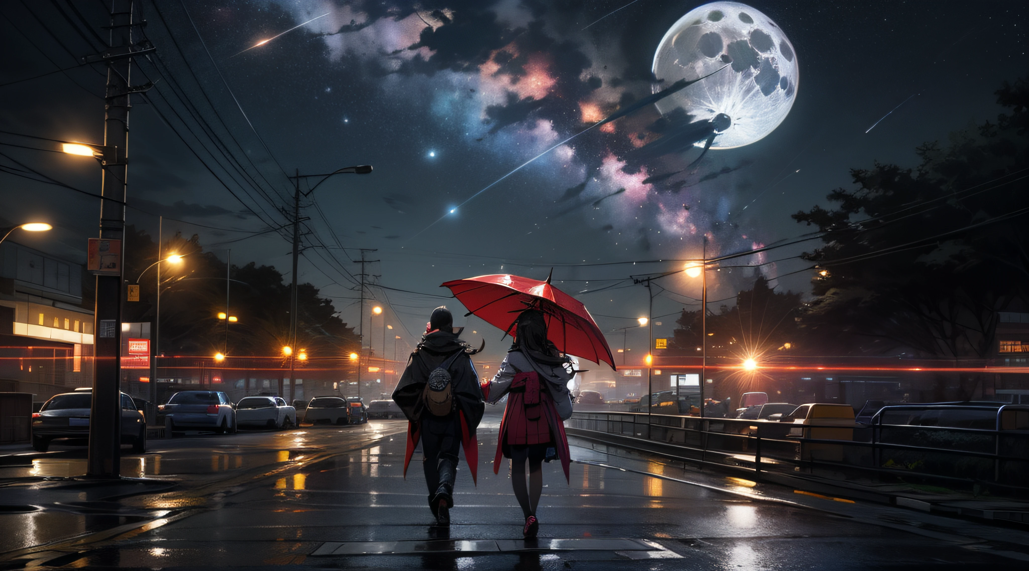 Rua Cyberpunk, com varias propagandas em japones em LEDs e NEONs, Chuva, people walking with umbrellas on the sidewalk, many stars in the sky, estrela cadente, Full moon high in the sky --auto