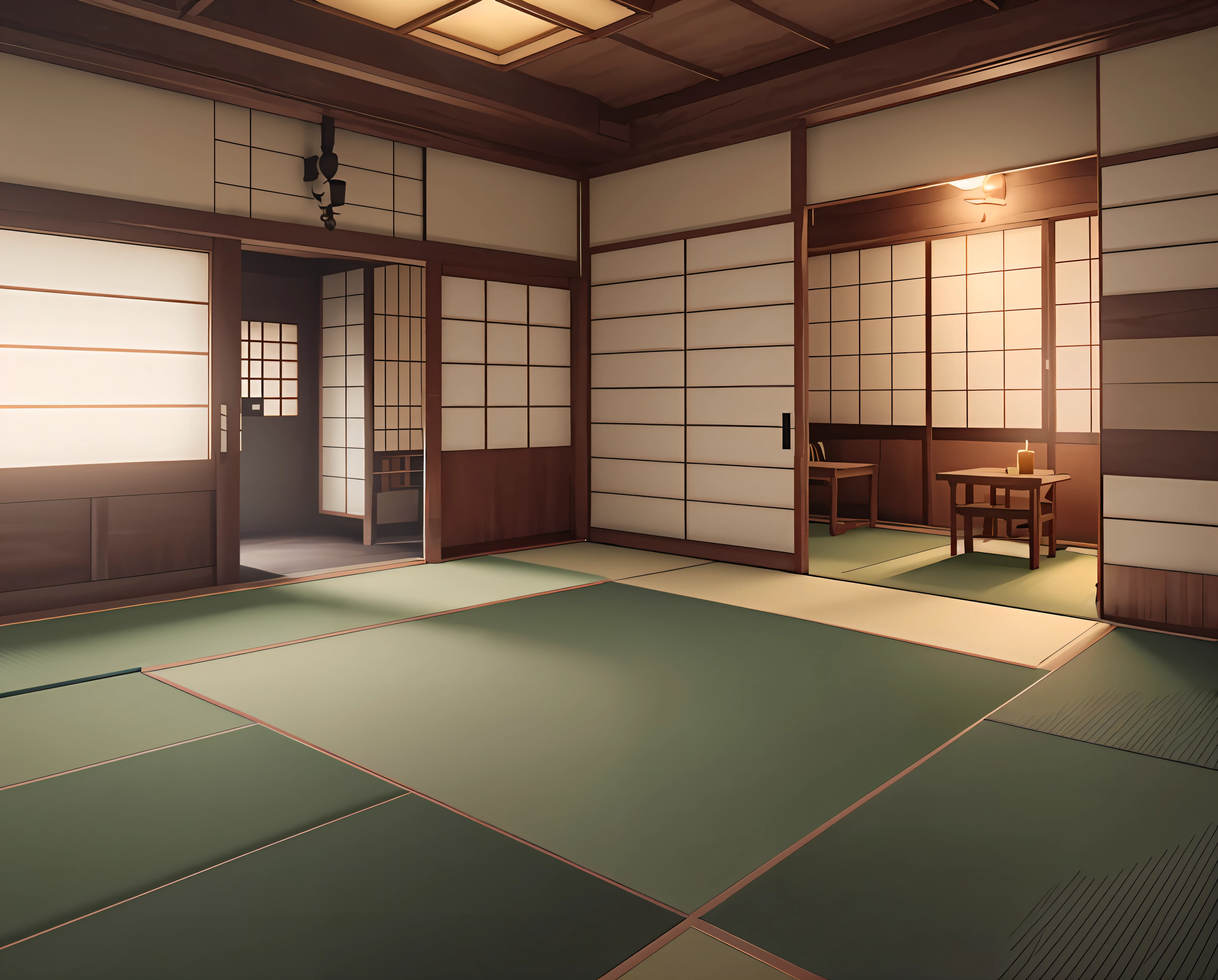 there is a room with a table and a chair in it, tatami galaxy, japanese house, rendered in unreal, rendered in the unreal engine, in a dojo, akihiko yoshida. Unreal Engine, inspired by Goyō Hashiguchi, Japan. Volumetric lighting, rendered in rtx, rendered in the unreal engine, rendered in lumion pro