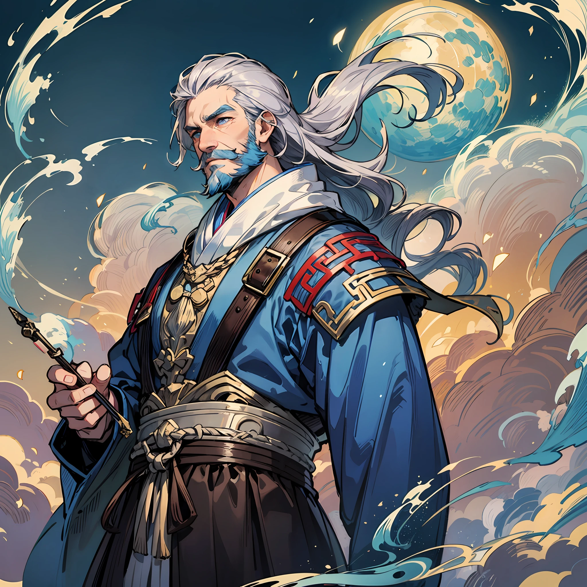 ​masterpiece， Top  Quality， 1 Grandpa， short mustache，Beard，Drifting and emanating， An old man dressed in simple Chinese Hanfu，Behind you is the blue moon，Very mysterious，The body is surrounded by a silvery cloud，Flowing colors，Flowing ink，Amazing Chinese fantasy style，The style is hyper-realistic by Miho Hirano with high detail，8K，Silver metal accessories