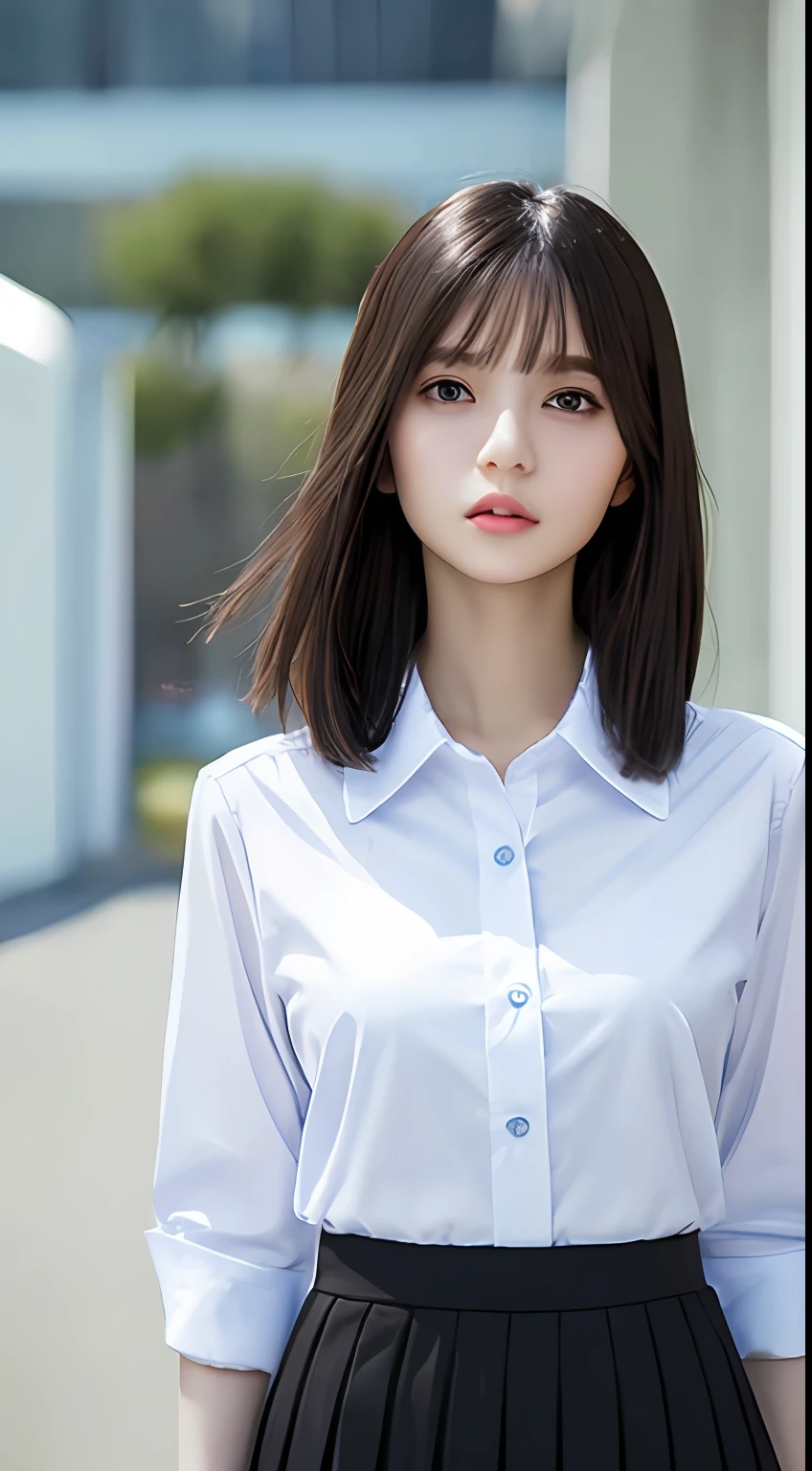 Best Quality, 8k, Masterpiece, Full Body Photo, Focus Clear, Beauty with Outstanding Style, Highly Detailed Face and Skin Texture, Detailed Eyes, Double Eyelids, Office, Full Body, Short Hair, Big, See-through, White Business Shirt, Black Skirt