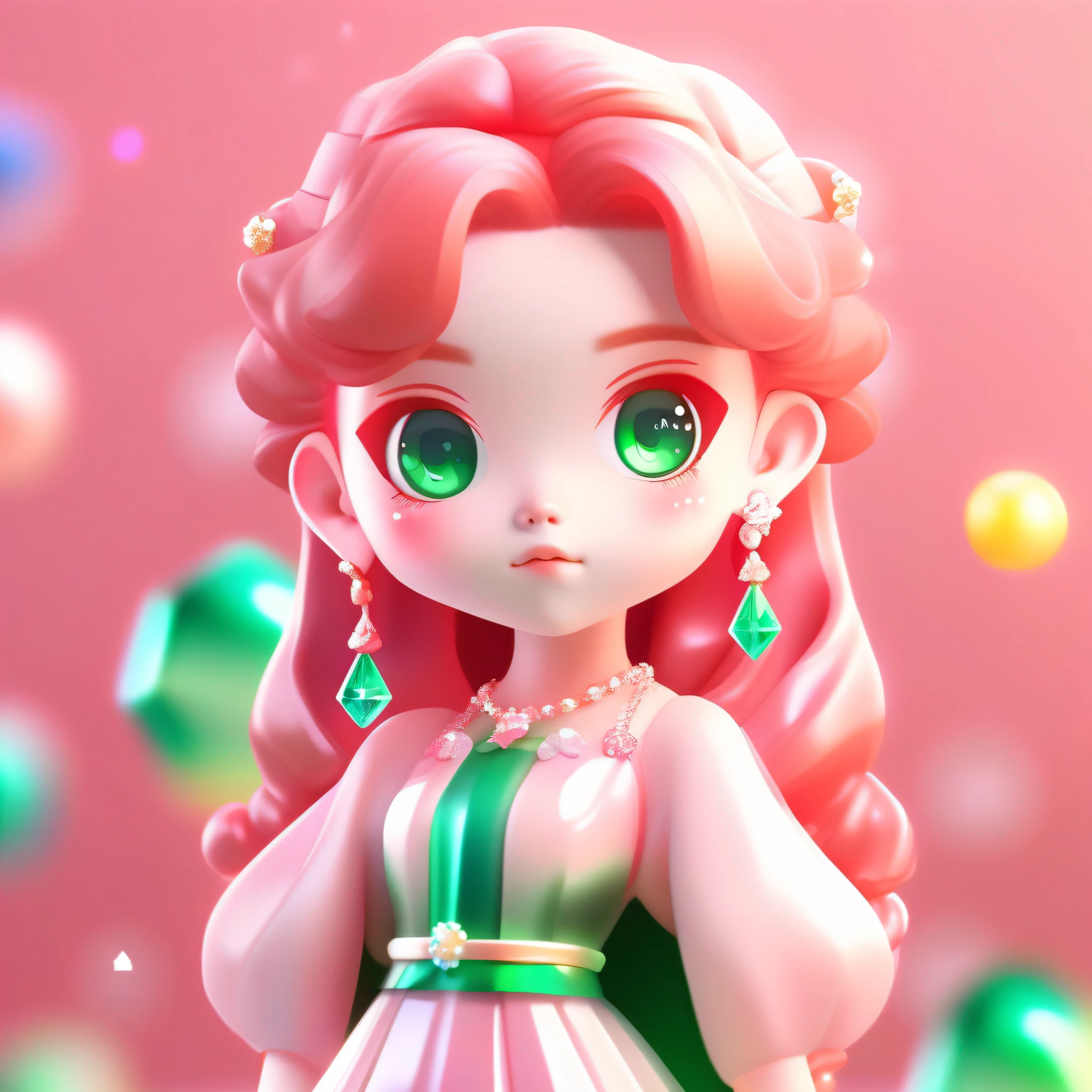 super cute girl IP by popmart,blind box toy, waist up portrait, Agate red hair, emerald green eyes, colorful crystal earrings, and a shimmering pink princess dress,Pinkish background,Harajuku Style ,chibi ,Soft focus ,Mockup, 3D render, oc, blender,best quality,