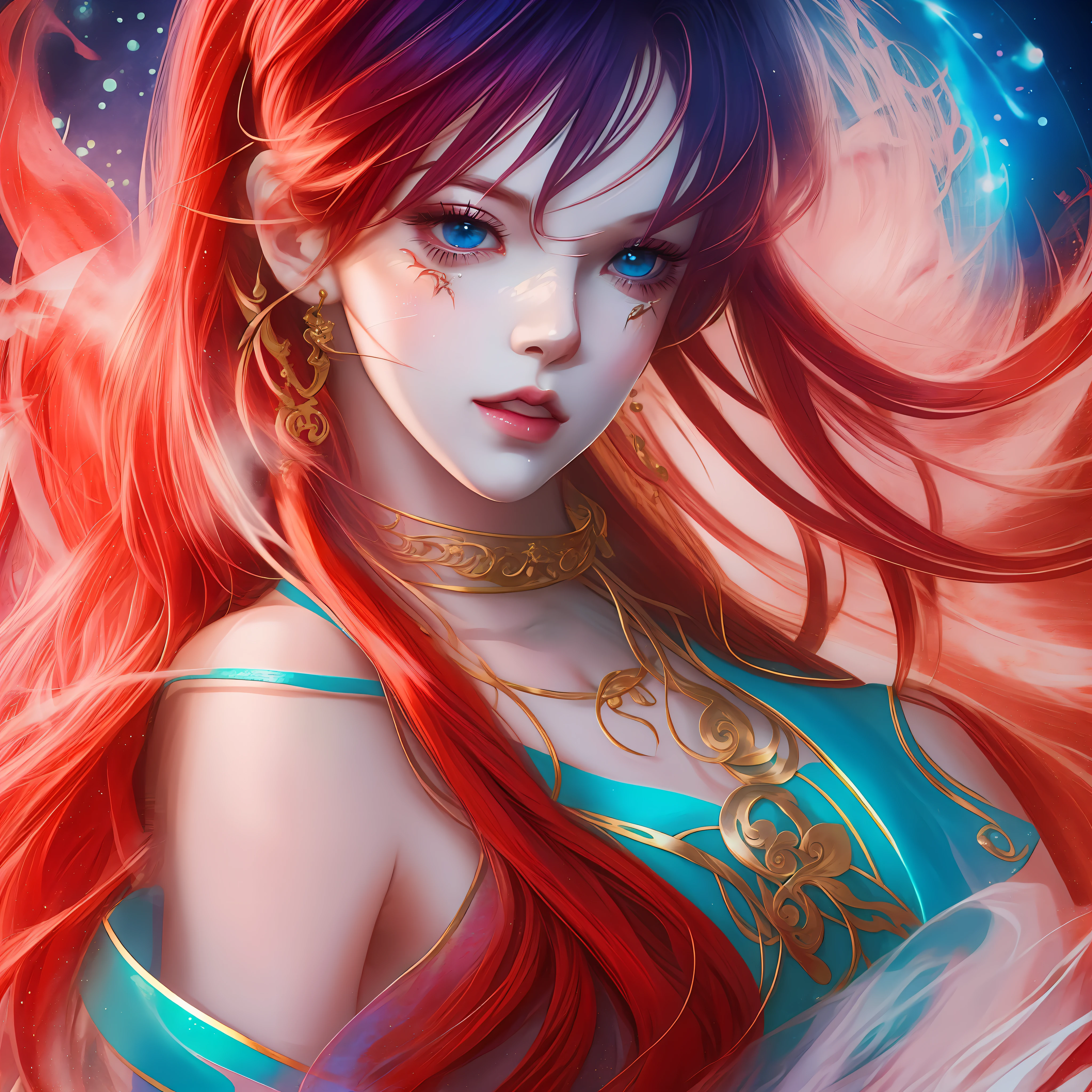 Award winning professional photograph of a very hot anime woman in blue and red theme portrait anime style, epiC realism, niji style