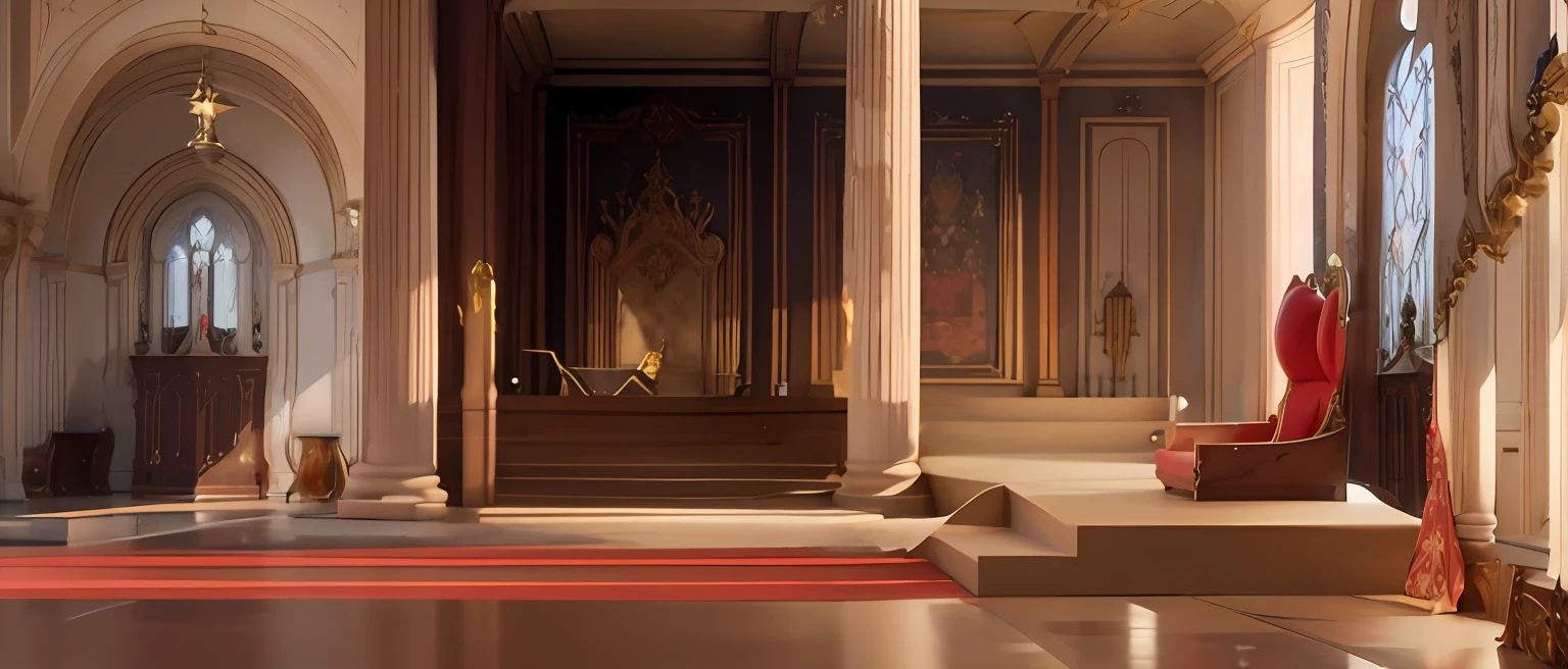 Ancient castle,Dreamlike,Disney,The hall inside the castle,Side view of the throne,High pillars,Red carpet,The Emperor's Throne,(the sideview)