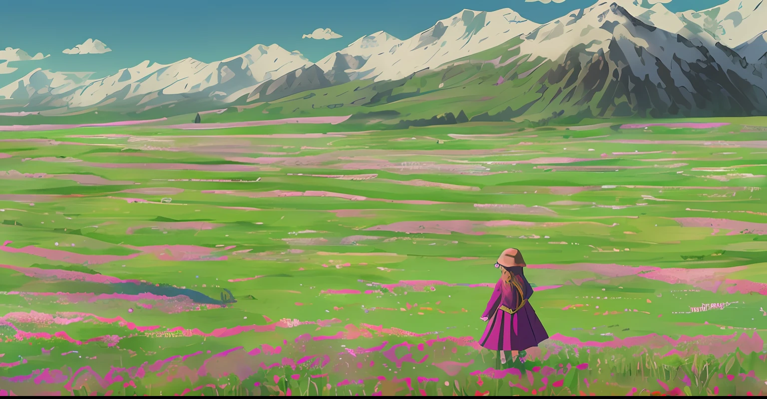 Expansive landscape photograph, (view from below with a view of the sky and wilderness below), girl with pink dress snd brown hair standing in a flower field looking up, (full moon: 1.2), (shooting star: 0.9), (nebula: 1.3), distant mountain, tree break production art, (warm light source: 1.2), (firefly: 1.2), lamp, purple and orange, intricate detail, volume lighting, realism break (masterpiece: 1.2) (Best Quality), 4K, Ultra-Detailed, (Dynamic Configuration: 1.4), Highly Detailed and Colorful Details, (Iridescent Colors: 1.2), (Glowing Lighting, Atmospheric Lighting), Dreamy, Magical, (Solo: 1.2)