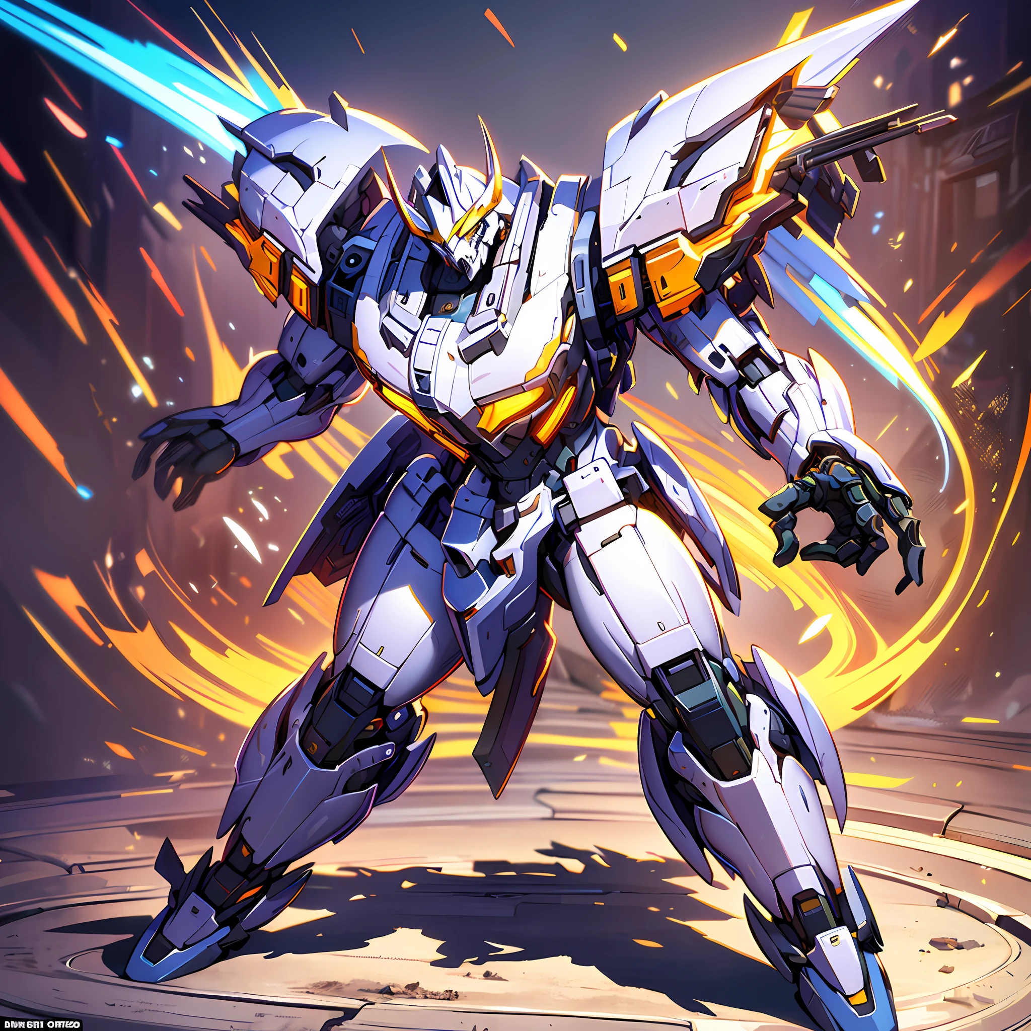 Mechanized bull head, horn, wing anthropomorphic design, with mecha elements, tattoos, presenting a fighting stance, fierce and powerful, showing every exquisite detail, full body, composition, proportions, (best quality), (super detailed), (best illustration), (best shadow), official art, ray tracing, depth of field, solo, extreme light and shadow, white color mecha