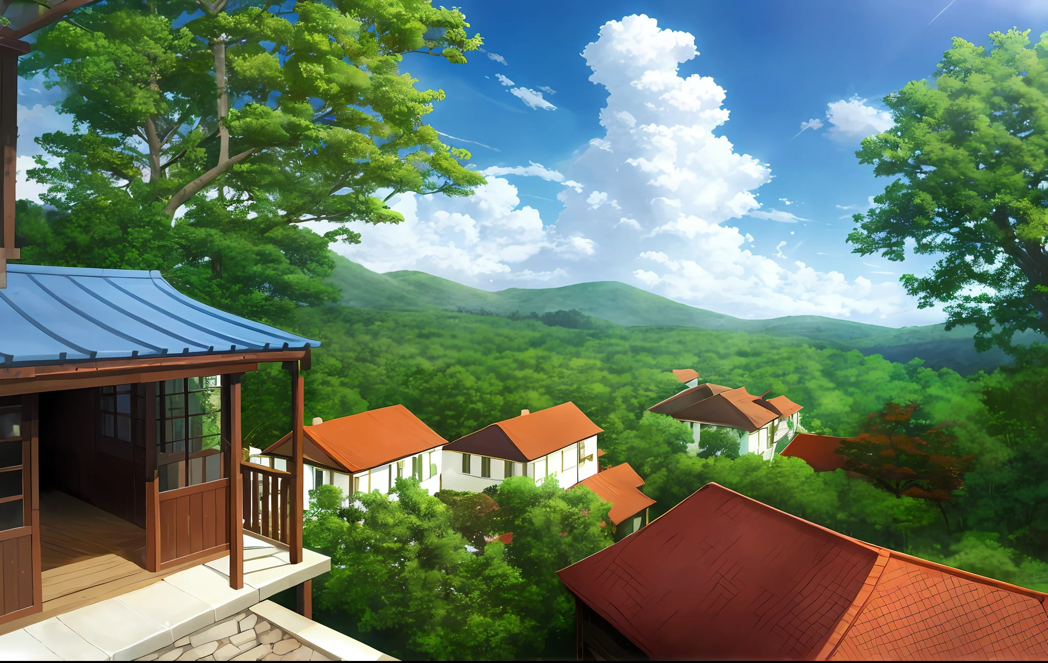 Resort luxury, forest, village, well, sky, clouds