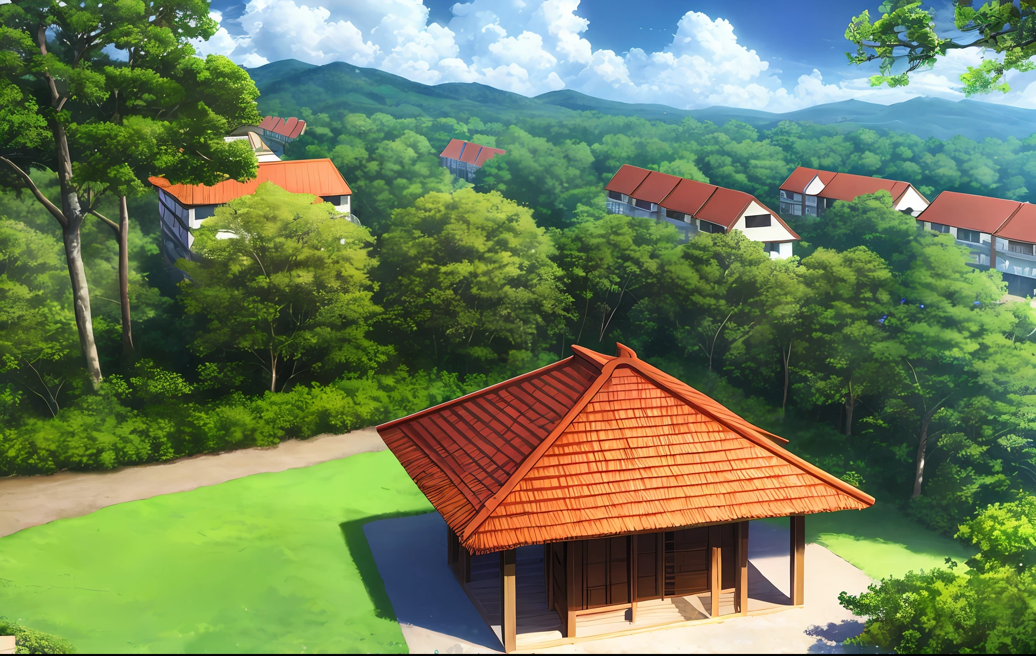 Resort luxury, forest, village, well, sky, clouds