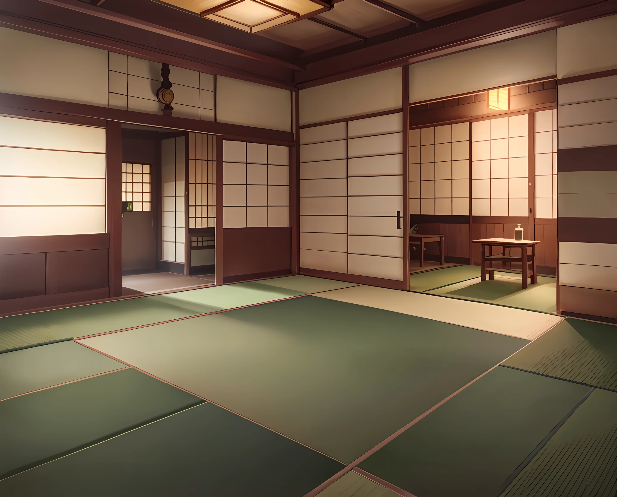 there is a room with a table and a chair in it, tatami galaxy, japanese house, in a dojo, Japan. Volumetric lighting,