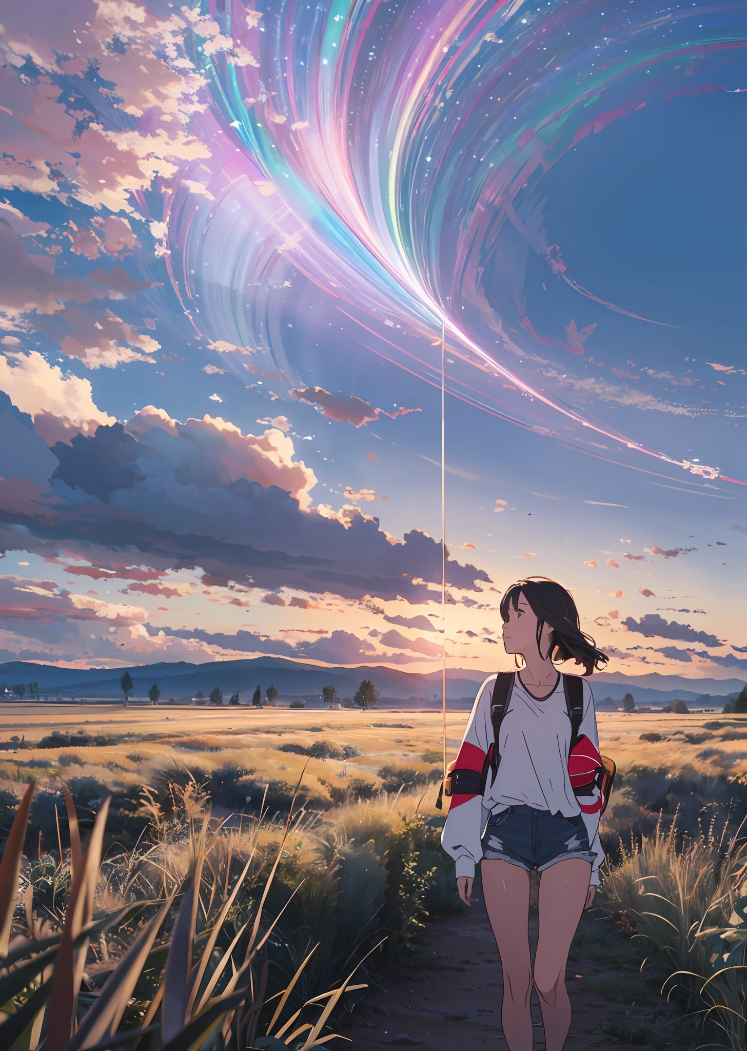 The vast sky, beautiful skyline, large grasslands, extremely tense and dramatic pictures, moving visual effects, the high-hanging Polaris, and colorful natural light. A long-sleeved top, denim shorts, and a girl with a backpack. --auto --s2