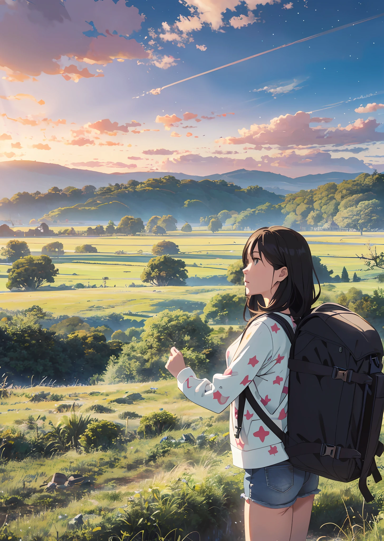 The vast sky, beautiful skyline, large grasslands, extremely tense and dramatic pictures, moving visual effects, the high-hanging Polaris, and colorful natural light. A long-sleeved top, denim shorts, and a girl with a backpack. --auto --s2