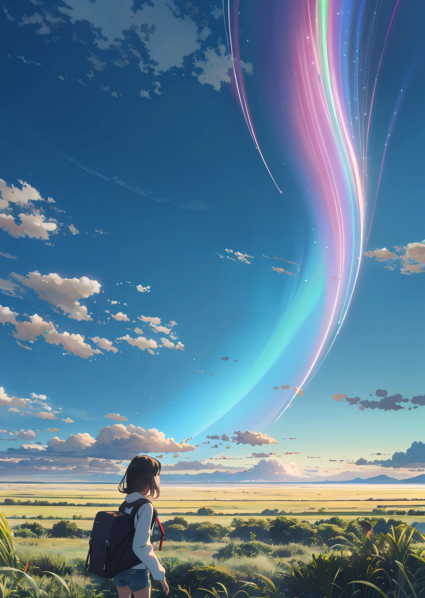 The vast sky, beautiful skyline, large grasslands, extremely tense and dramatic pictures, moving visual effects, the high-hanging Polaris, and colorful natural light. A long-sleeved top, denim shorts, and a girl with a backpack. --auto --s2