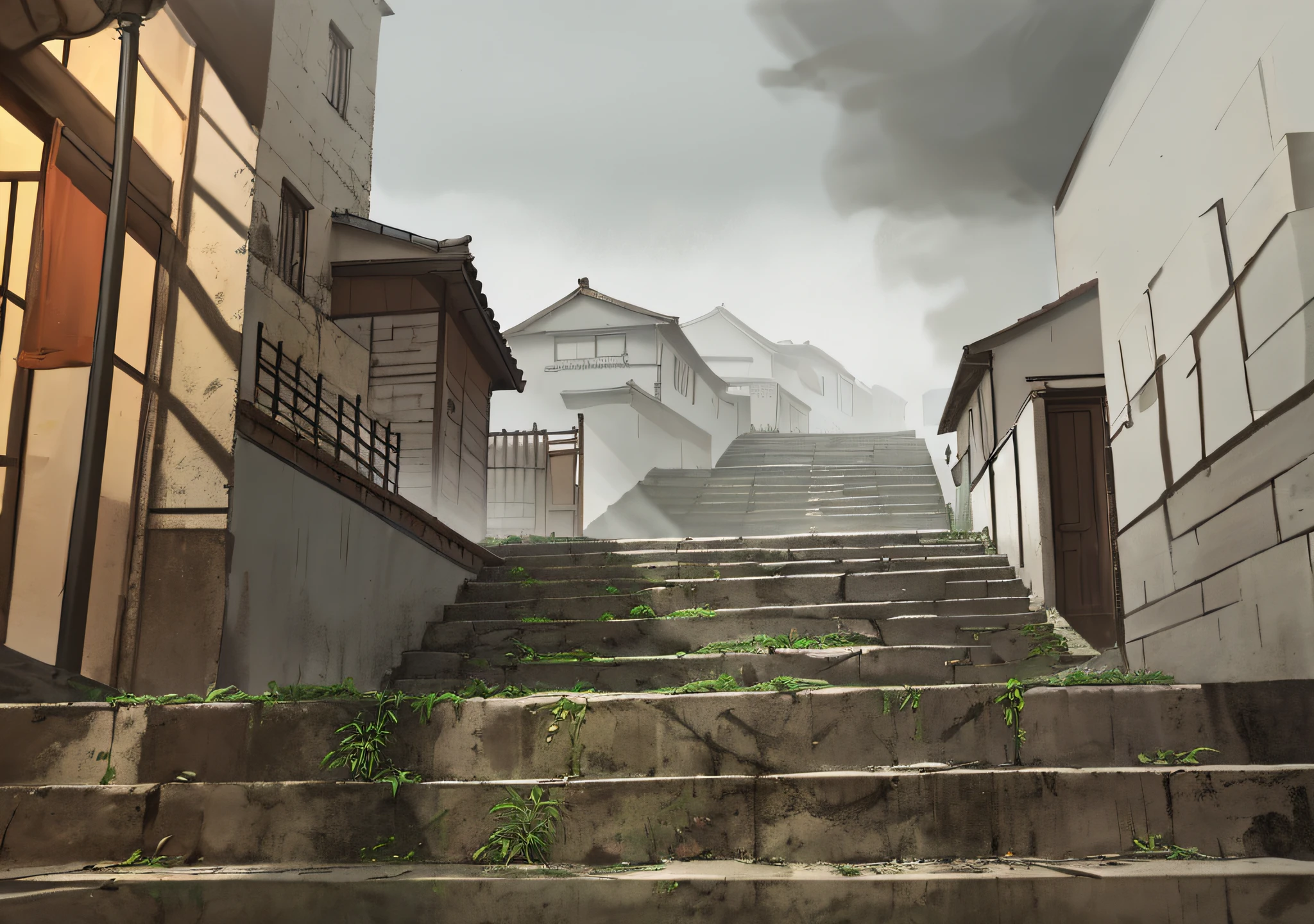 There is a caricature scene of a street with steep stairs, Ancient Chinese alleys, ancient city streets behind her, Ancient alleys, misty alleyway, sloped street, misty alleyway, quiet street, Street background,View of the ancient city, alleys, shady alleys, random background scene, Old town background, dark alleyway, Simple path tracing in antiquity,ancient buildings,Slate staircase,Rain,deep of field