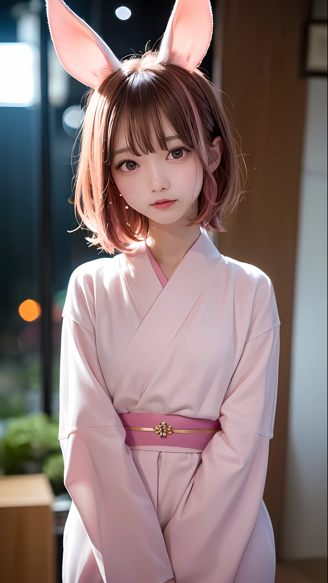 Pink hair、Pink rabbit ears、女の子1人、独奏、Wearing a yukata、Fireworks Festival、Fireworks go up in the night sky、​masterpiece、beste-Qualit、realisitic、Hyper-detailing、(Glossy skin、be sweaty:1.4)、absurderes、Looking at the camera、short pink hair、Brown-eyed、Slender beauties、dynamic  lighting、A high resolution、foco nítido、depth of fields、Detailed eye、Sharp eyes、Realistic eyes、(thick-thighs:1.0)、exteriors、natural