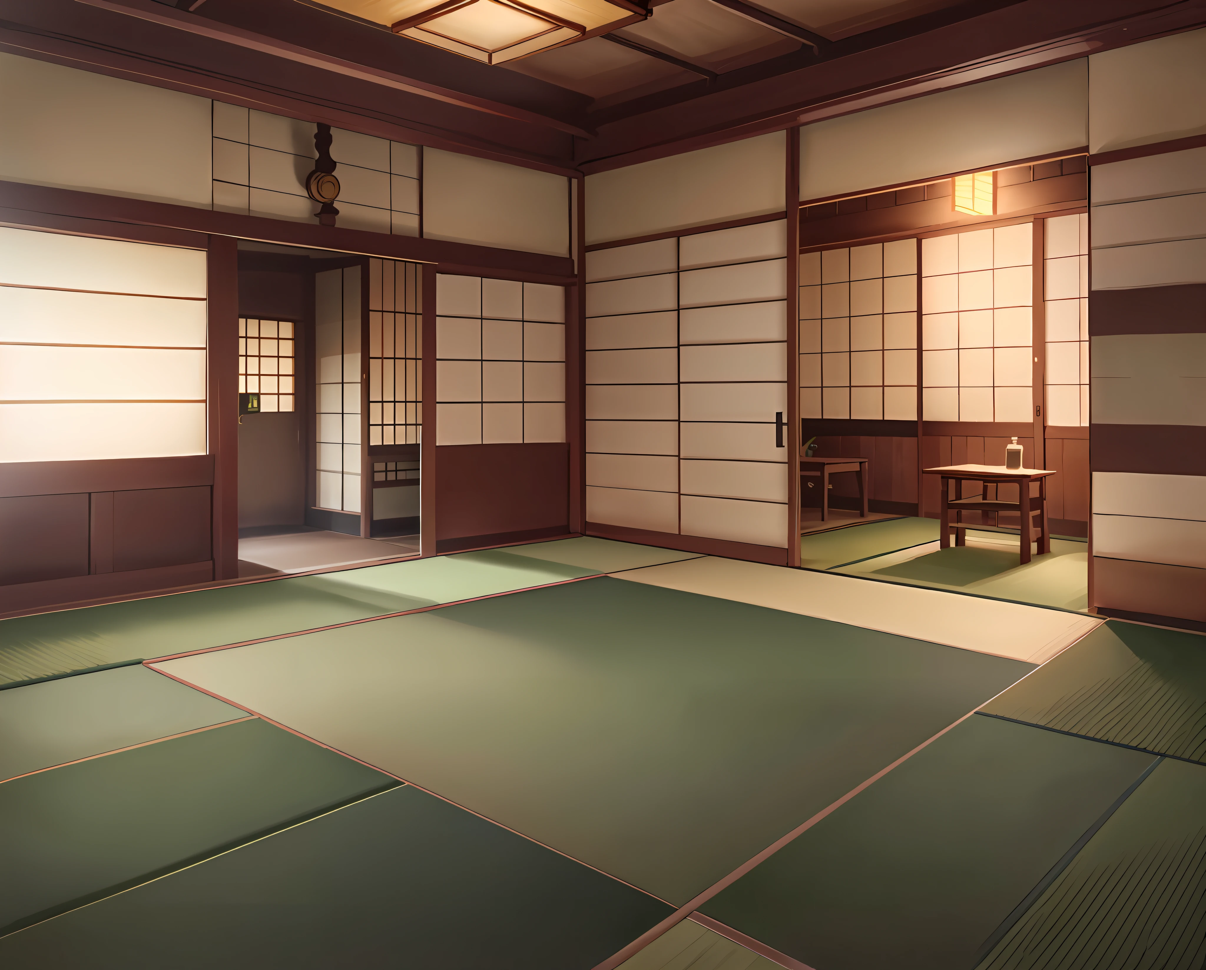 there is a room with a table and a chair in it, tatami galaxy, japanese house, in a dojo, Japan. Volumetric lighting,