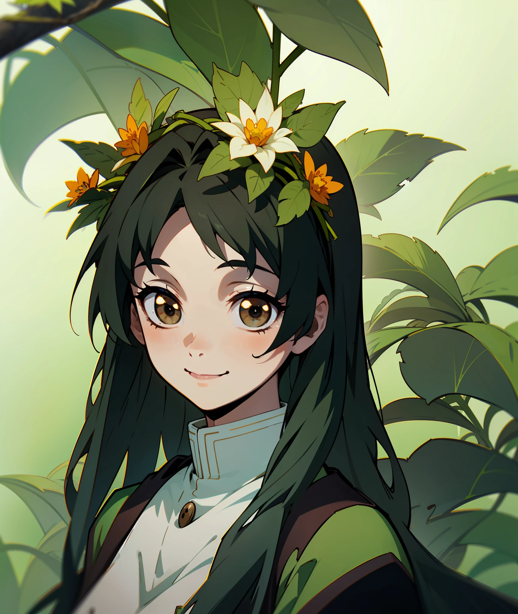 1girl, dark green hair, brown eyes, quiet, happy, calm, smile, cute, long hair, doe eyes, green haori, demon slayer uniform, leaves in hair, vine crown, vines, leaves, plants, flower crown