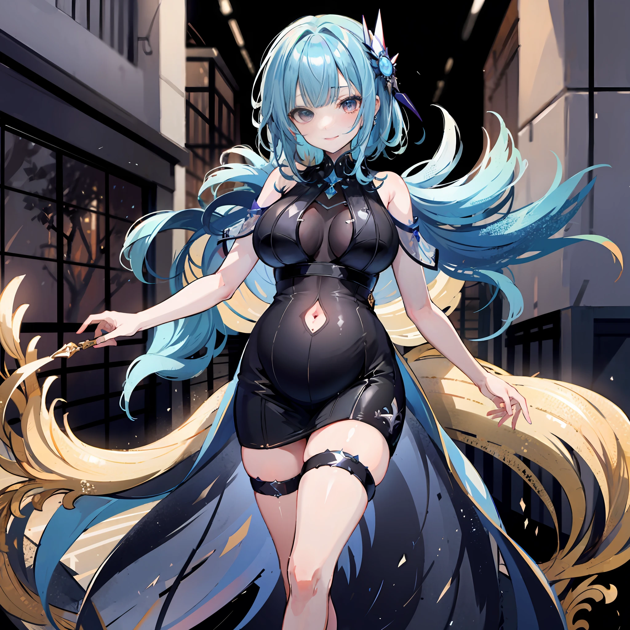 Eurra,blue short hair,head gear,Knightly dress,Showing the belly,Best quality,Pregnant belly,ssmile,Large breasts,black-silk,A girl with,8k,Under the empty house,Dance