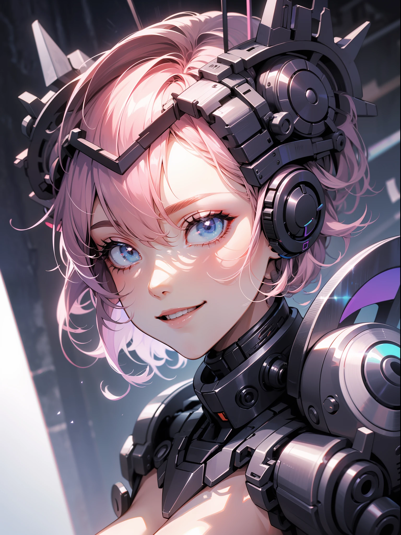 pink short hair, vivaciousness, oral sexy, Mechanical equipment, Mechanical environment, mechs, gradient_eyes, evil smile, high detail, chiaroscuro, UHD, textured skin, highres, 1080P