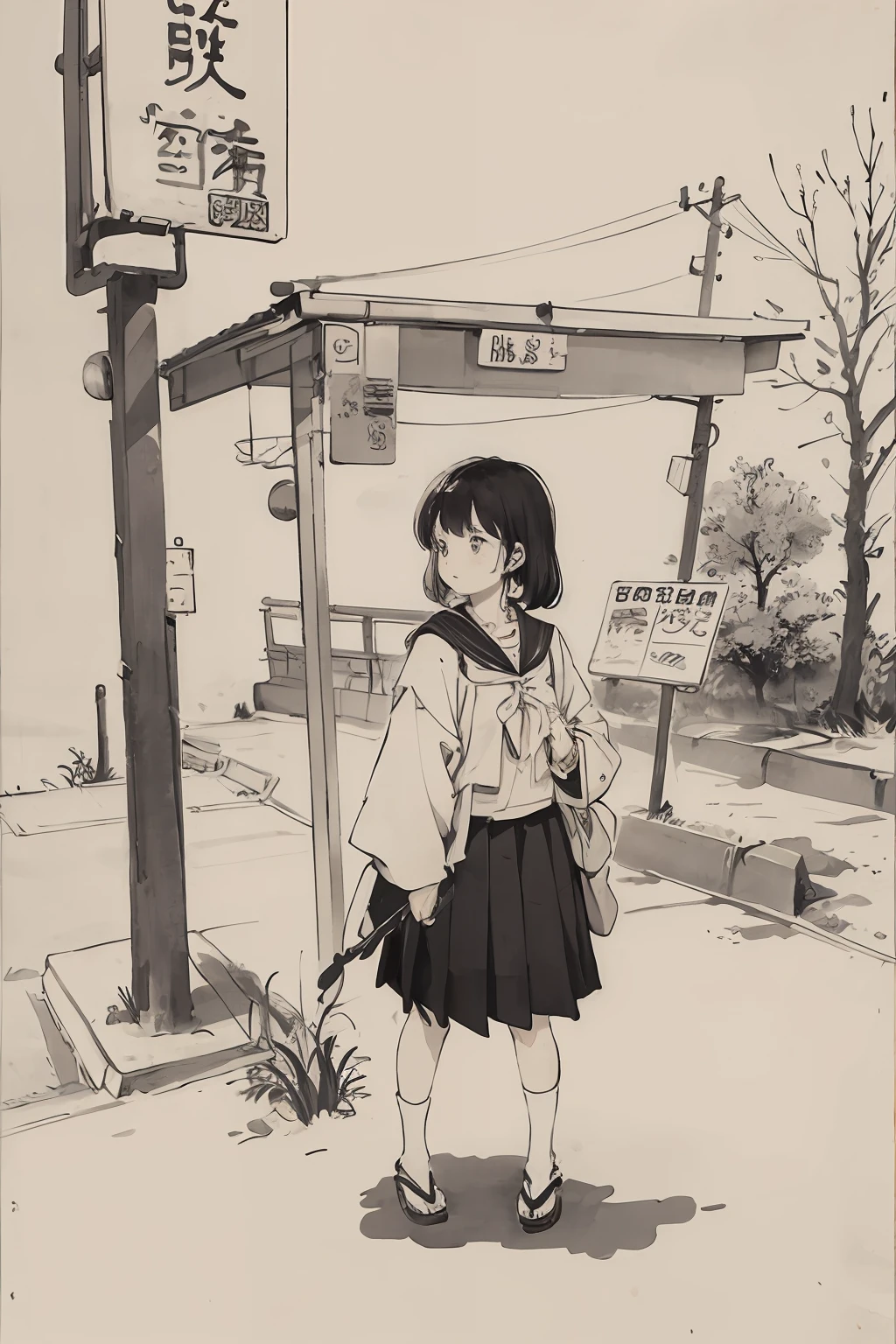 (​masterpiece、beste-Qualit:1.2)、Traditional Chinese Ink Painting、High school girl in Japan uniform、Retro bus、bus stop