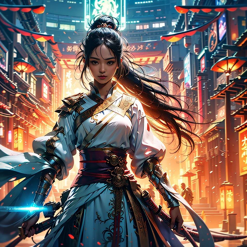 The young hero on the poster stands at the center of the design，with a determined expression on her face，Holding a glowing sword in his hand，Face the lens，The back of the image is split in half，On the left is a dystopian futuristic cityscape full of robots and destruction，On the right is tranquility、Idyllic countryside，The two halves are connected by a line，Start with young hero devices，Form a spiral，Symbolizes the idea of time travel。The background is full of futuristic symbols and patterns,