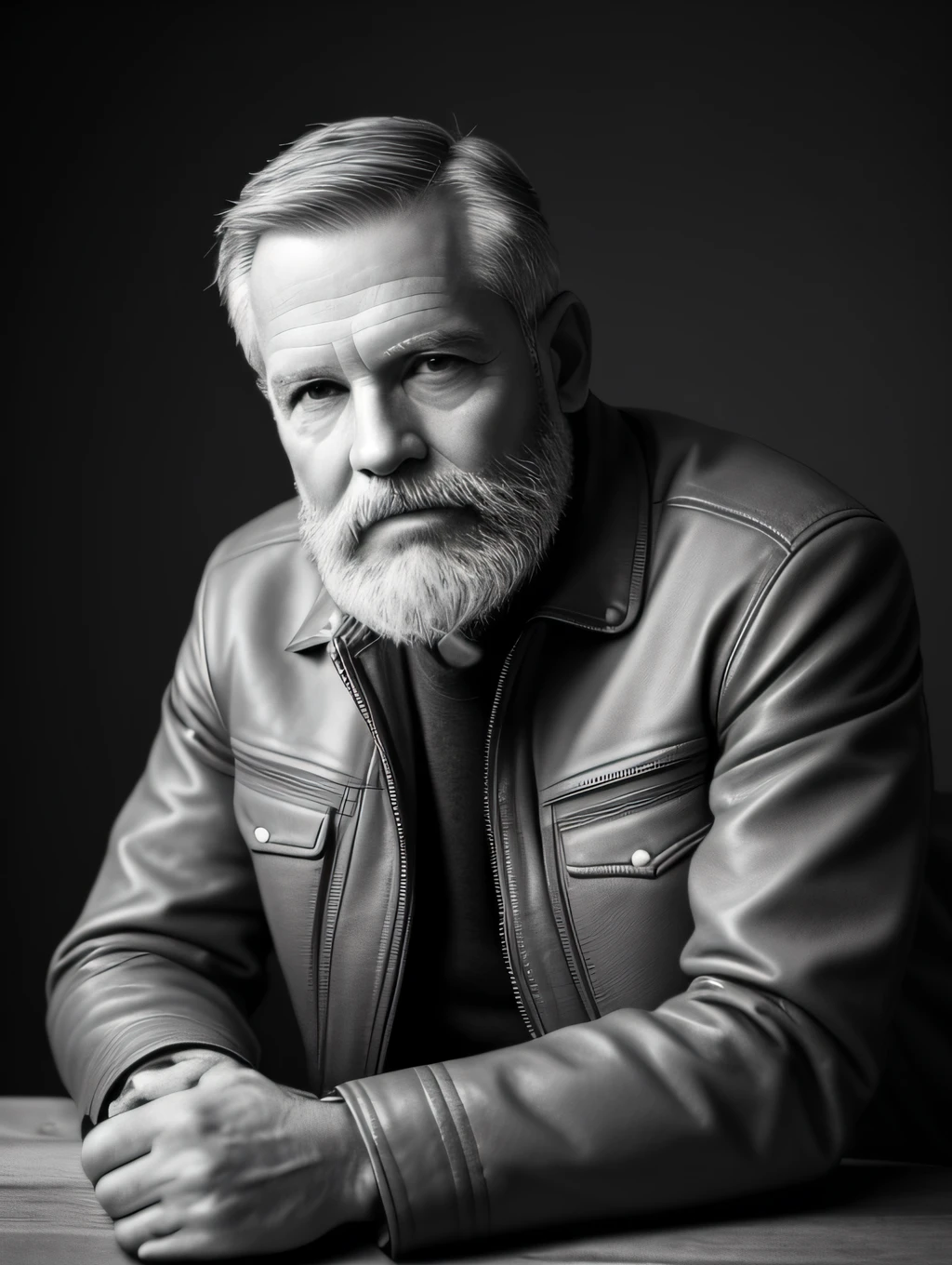 B&w portrait of a middle-aged man, detailed skin face, expression wrinkles, lumberjack style gray beard, raw beige leather jacket, white T-shirt without print, stiff countenance. Ultra detailed scene, dslr camera with 50mm Lens, soft studio lighting, ((vignette))