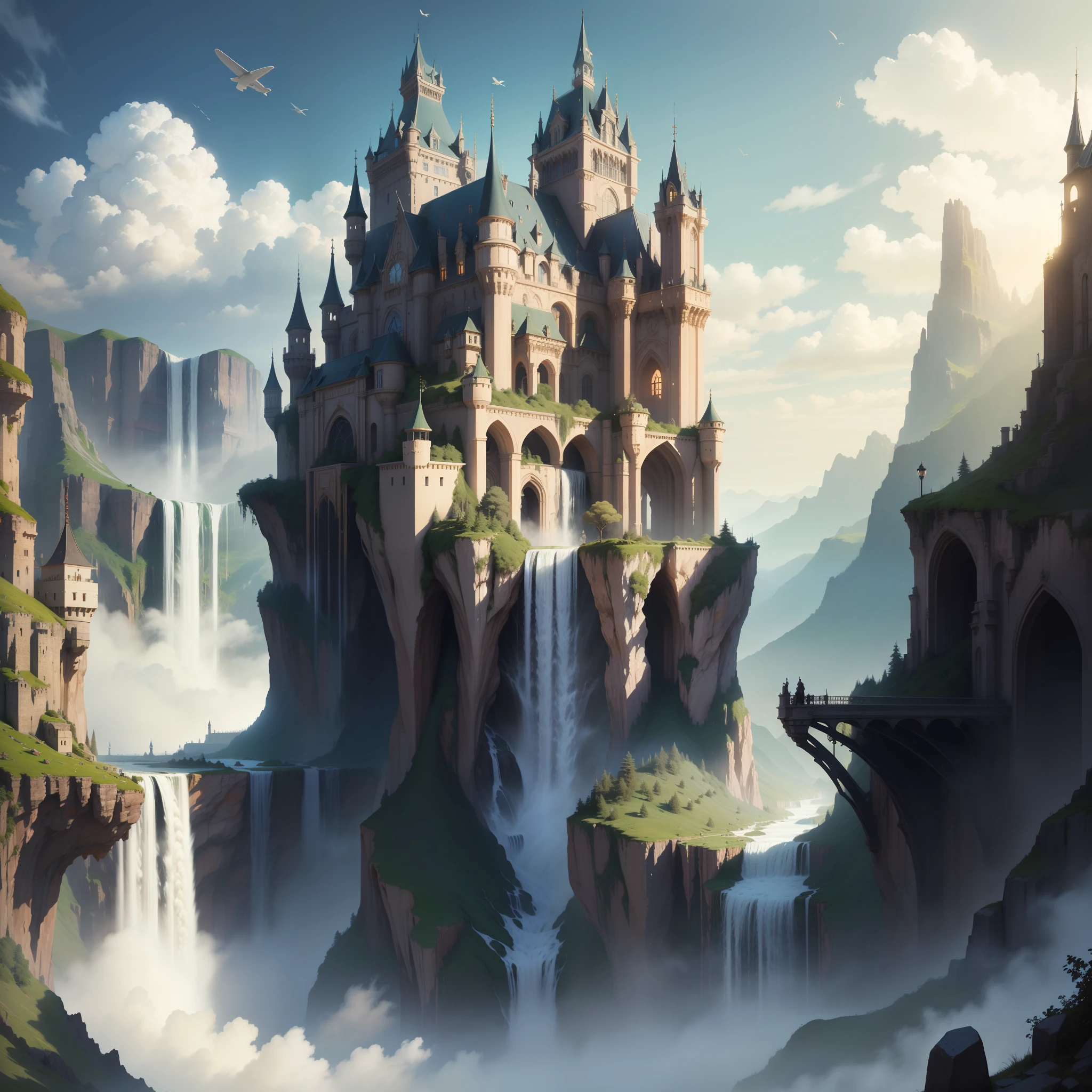 Cities in the air　Huge castle　Fantasia　SF Utopia　beste-Qualit　​masterpiece　Super-High Resolution 　huge waterfalls