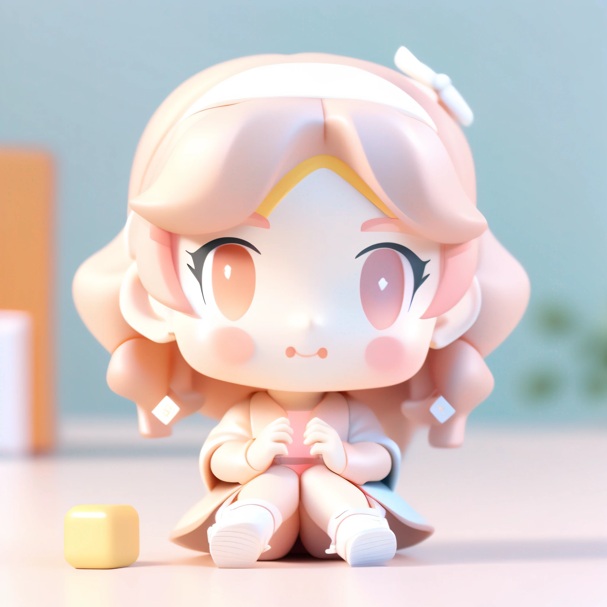 Super cute girl IP by Popmart Blind Box , pastel color, mockup, blind box toy, fine luster, clean background, 3D render, best quality 8k,Soft focus，