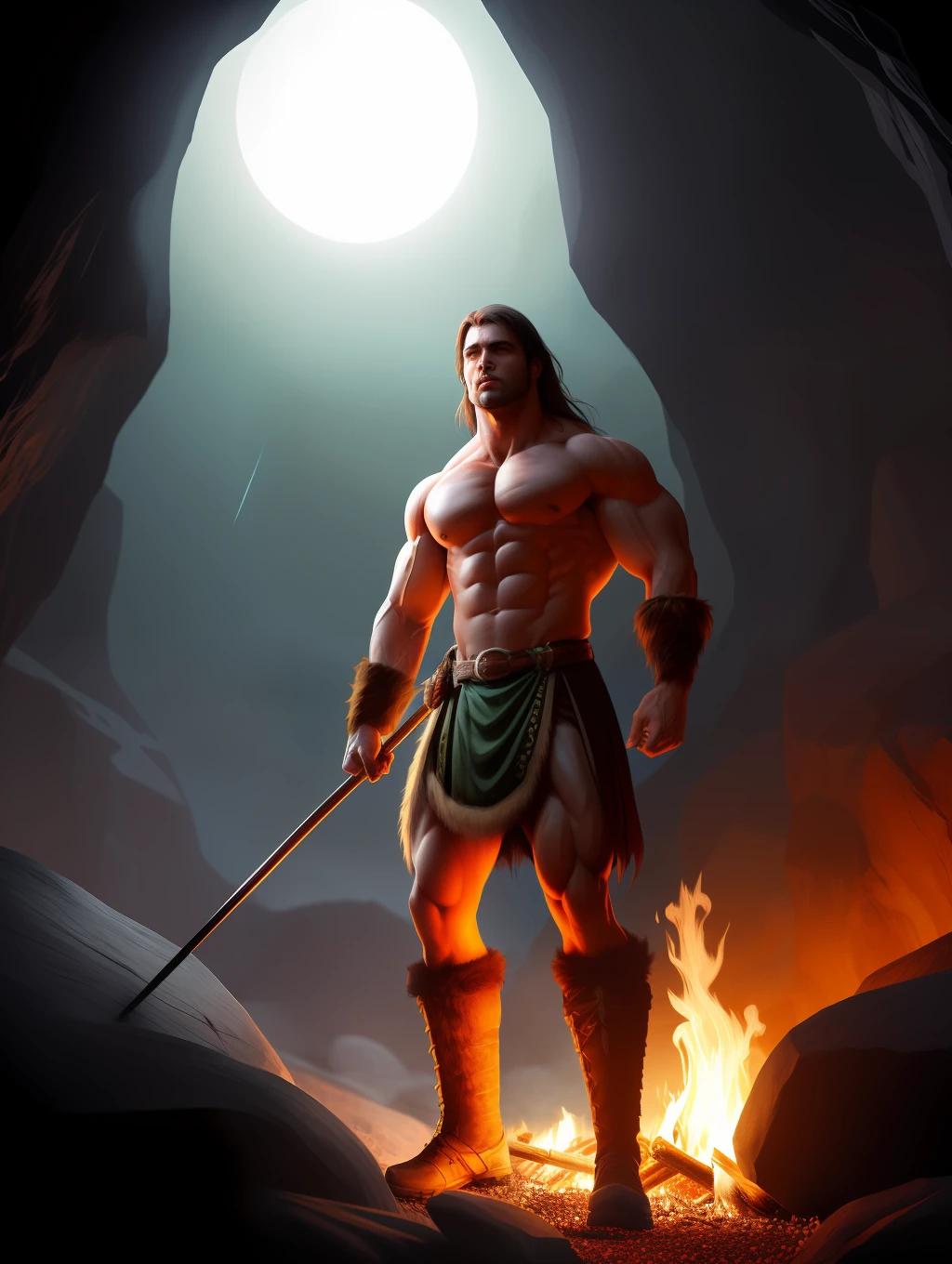 (1boy) (male) ((front view)) ((figure fills frame)) ((facing viewer))
Handsome, very detailed flawless face, detailed open eyes, very handsome, epic, heroic,
(muscular) bodybuilder, ((big muscles)), ((large pectorals)), narrow waist, long hair.
((hairy chest)), ((hair legs)).
Wearing fur loin cloth, carrying a wooden spear.
Emerging from a (dark cave) entrance. It is (night), the only source of light is a campfire out of view to the right.
Highly detailed fantasy art, dramatic volumetric light, artstation, beautiful modern fantasy illustration.