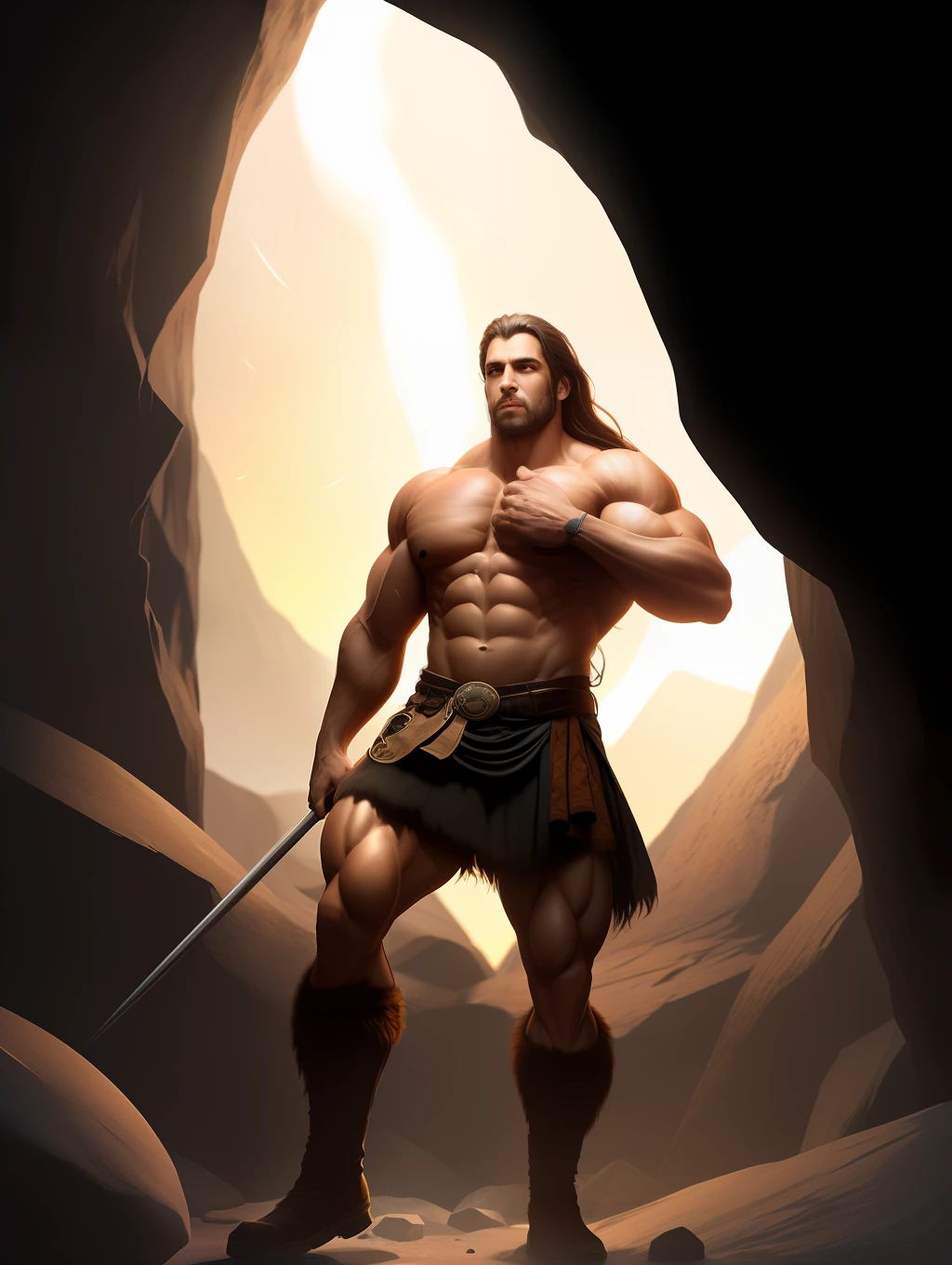 (1boy) (male) ((front view)) ((figure fills frame)) ((facing viewer))
Handsome, very detailed flawless face, detailed open eyes, very handsome, epic, heroic,
(muscular) bodybuilder, ((big muscles)), ((large pectorals)), narrow waist, long hair.
((hairy chest)), ((hair legs)).
Wearing fur loin cloth, carrying a wooden spear.
Emerging from a (dark cave) entrance. It is (night), the only source of light is a campfire out of view to the right.
Highly detailed fantasy art, dramatic volumetric light, artstation, beautiful modern fantasy illustration.