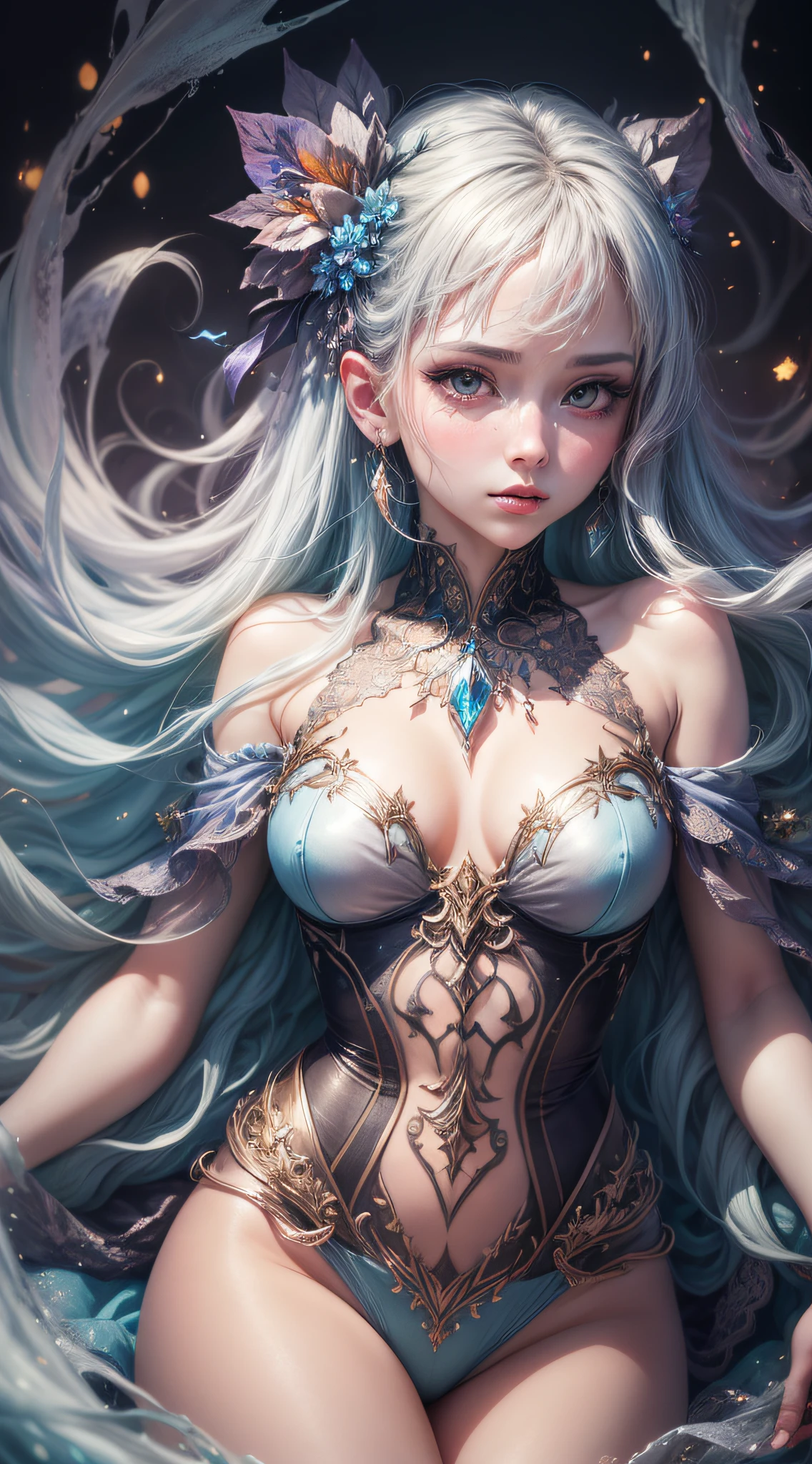 A captivating anime girl gracefully emerges from the pages of a watercolor painting, her vibrant and intricate colors breathing life into the artwork. She dons an extraordinary fantasy costume adorned with delicate details, reflecting the enchanting world she inhabits. Luminescent elements, like glowing crystals and ethereal wisps, surround her, casting a soft, otherworldly glow. The watercolor style imbues the image with a sense of fluidity and delicacy, as if the colors are effortlessly blending and bleeding into one another. Camera shot: medium shot, Camera lens: soft focus, Lighting: luminescent glow, watercolor brushstrokes,