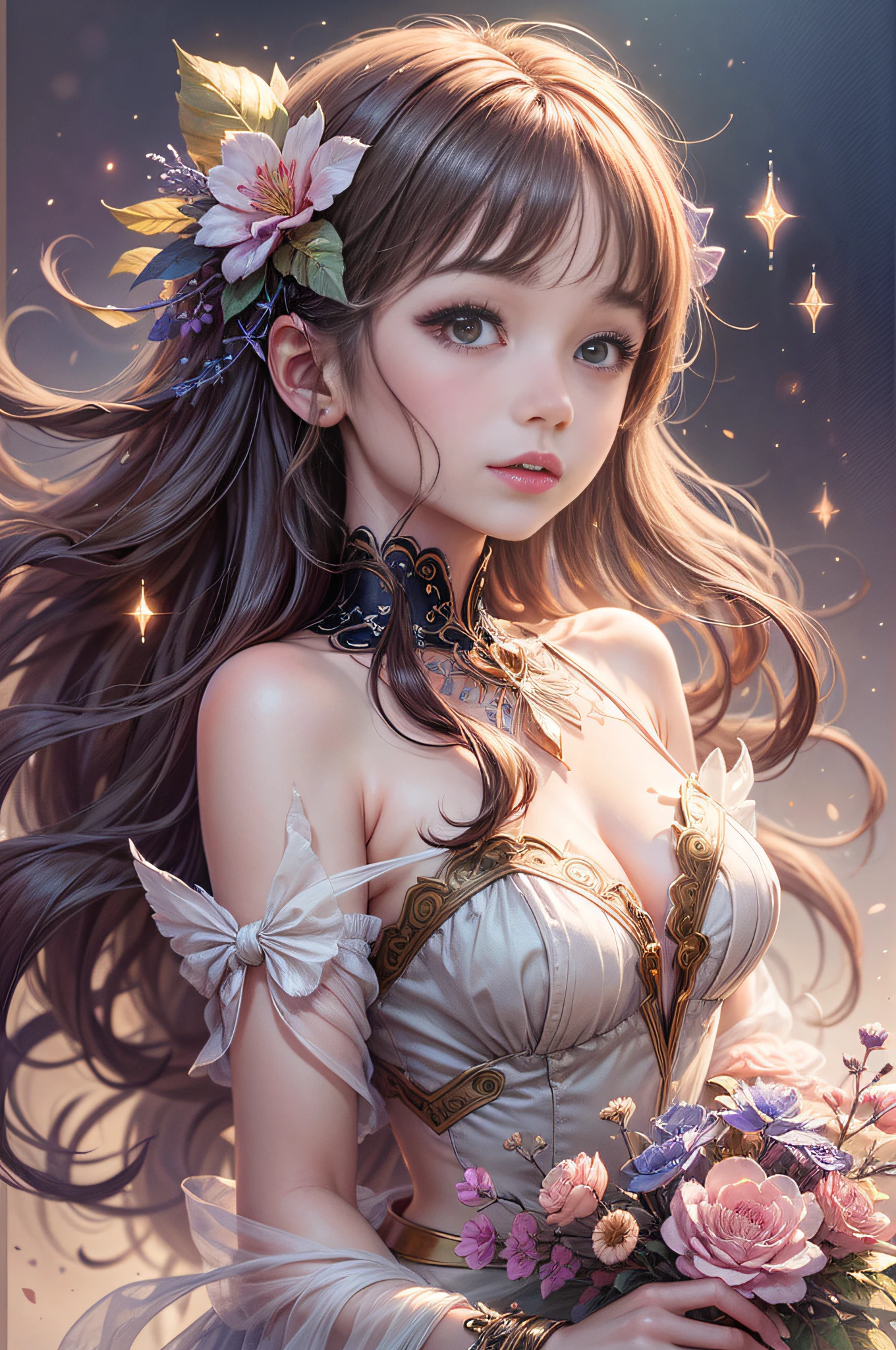 beautiful girl stories that are admirable, A captivating anime girl gracefully emerges from the pages of a watercolor painting, her vibrant and intricate colors breathing life into the artwork, She dons an extraordinary fantasy costume adorned with delicate details, reflecting the enchanting world she inhabits, Luminescent elements, like glowing crystals and ethereal wisps, surround her, casting a soft, otherworldly glow,  The watercolor style imbues the image with a sense of fluidity and delicacy, as if the colors are effortlessly blending and bleeding into one another, Camera shot: medium shot, soft focus, luminescent glow　Lighting, watercolor brushstrokes, Sophisticated and very delicate anime illustration, unique colors, portrait of an anime girl,
