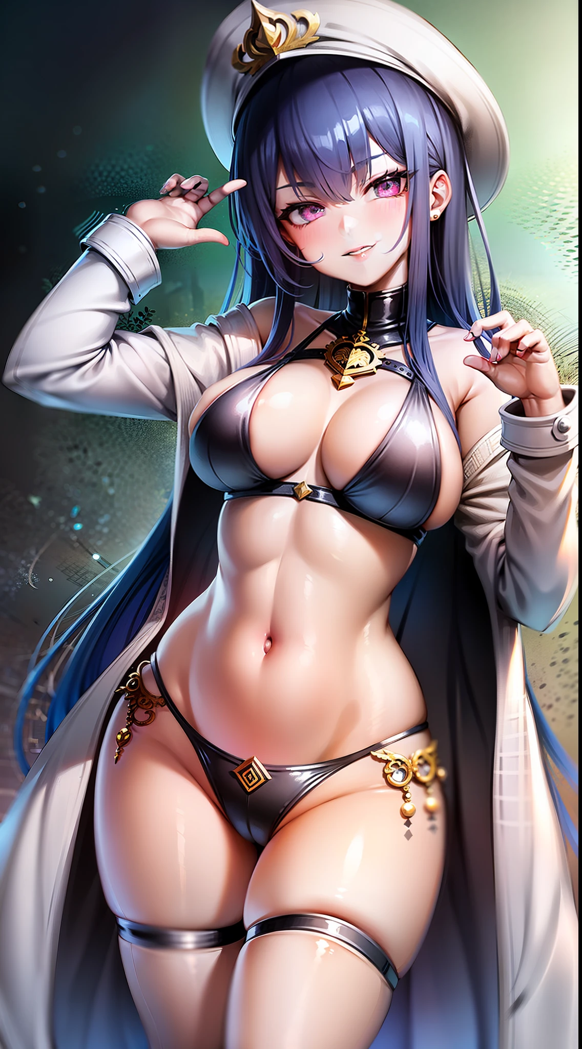 Young girl, Long blue hair, pink eyes, white coat, hat, open belly, sideboob, smirk, Masterpiece, high qulity