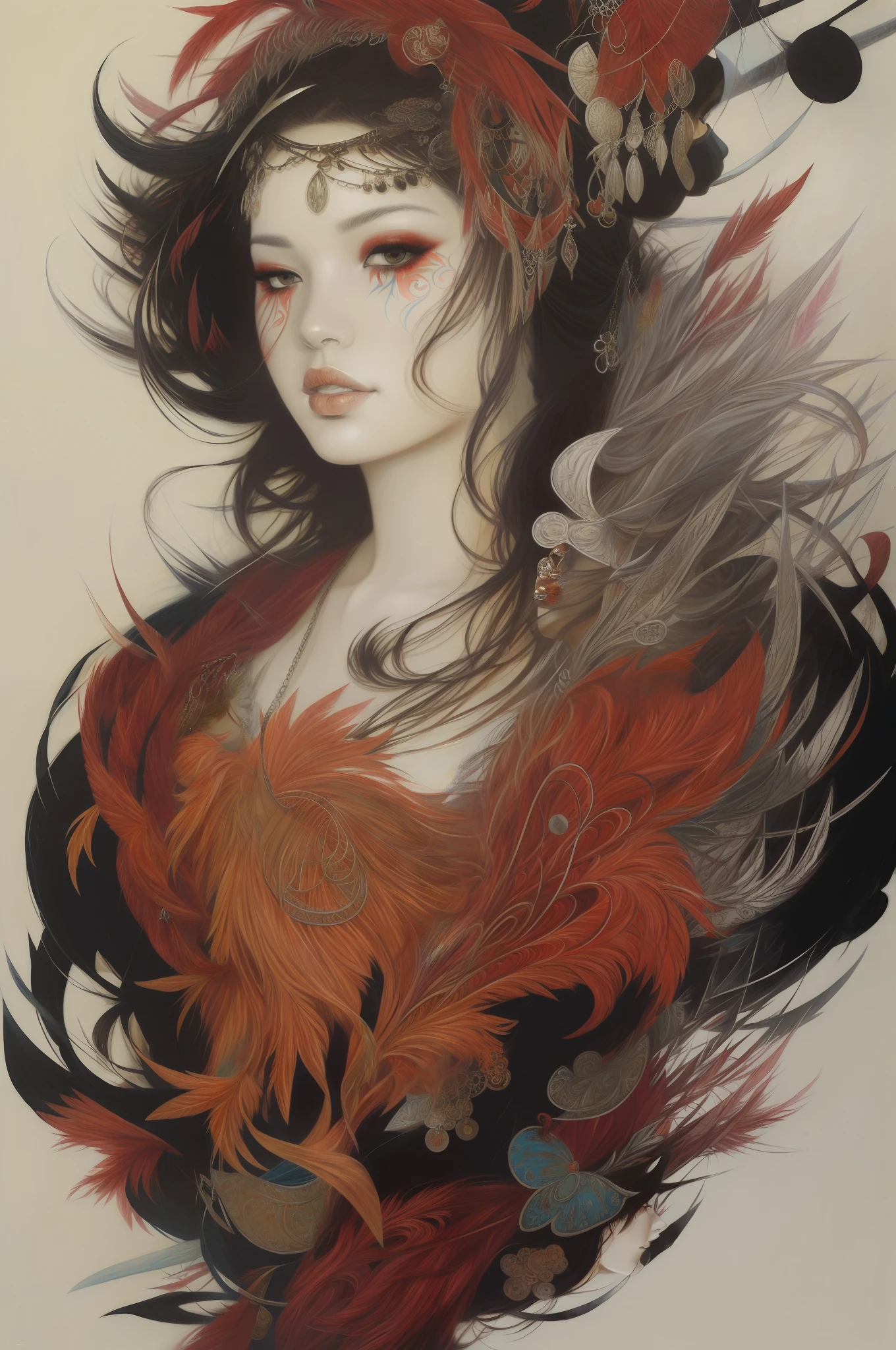 a painting of a woman with a red and black headpiece, James Jean e Wlop, Arte de James Jean, inspirado em Takato Yamamoto, Pintura bonita e intrincada, inspirado por James Jean, bela pintura intrincada, JC Leyendecker e Sachin Teng, Artgerm e James Jean, James Jean Arte, James Jean e Peter Mohrbacher