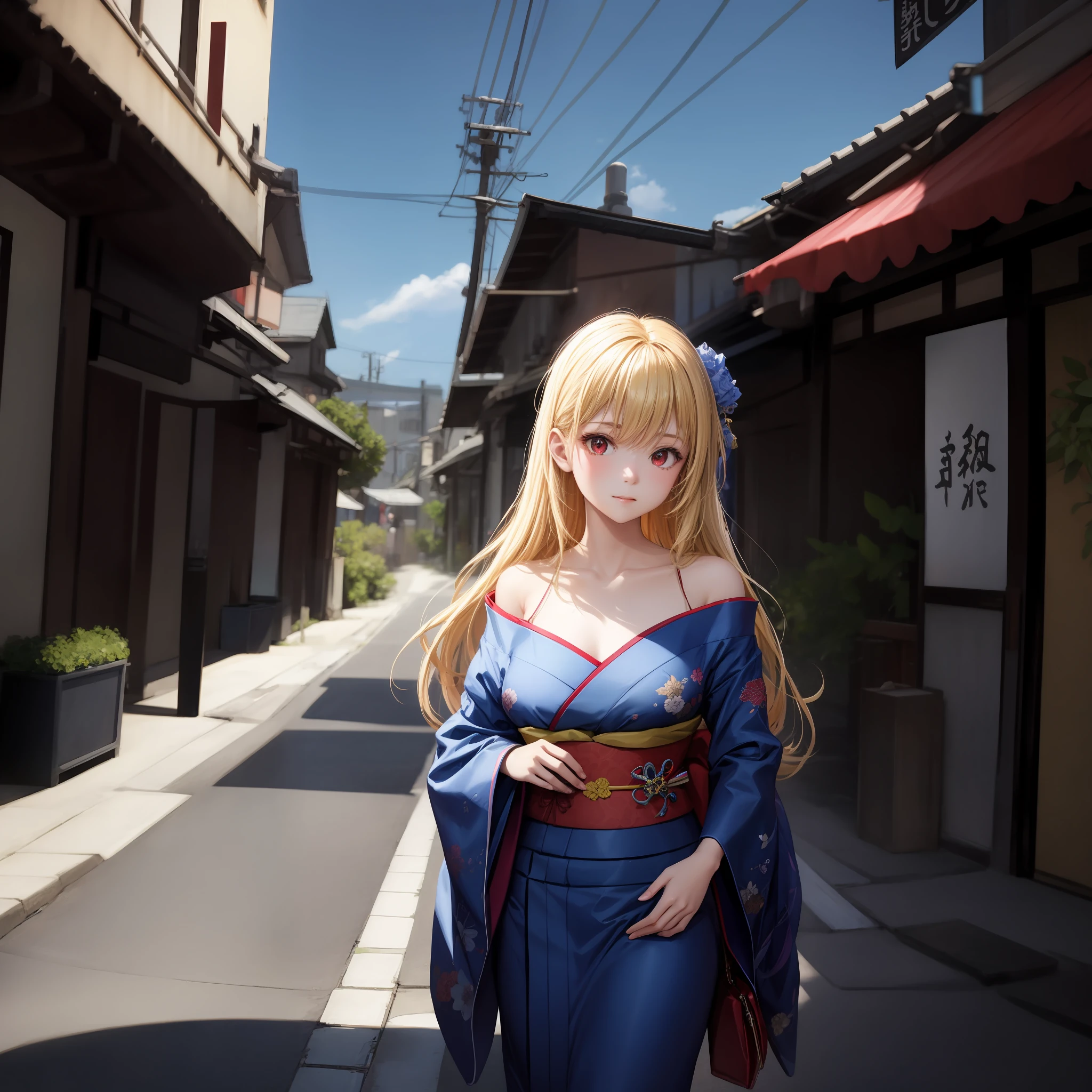 animated cartoon、One blonde girl with red eyes、Blue kimono、off shoulders