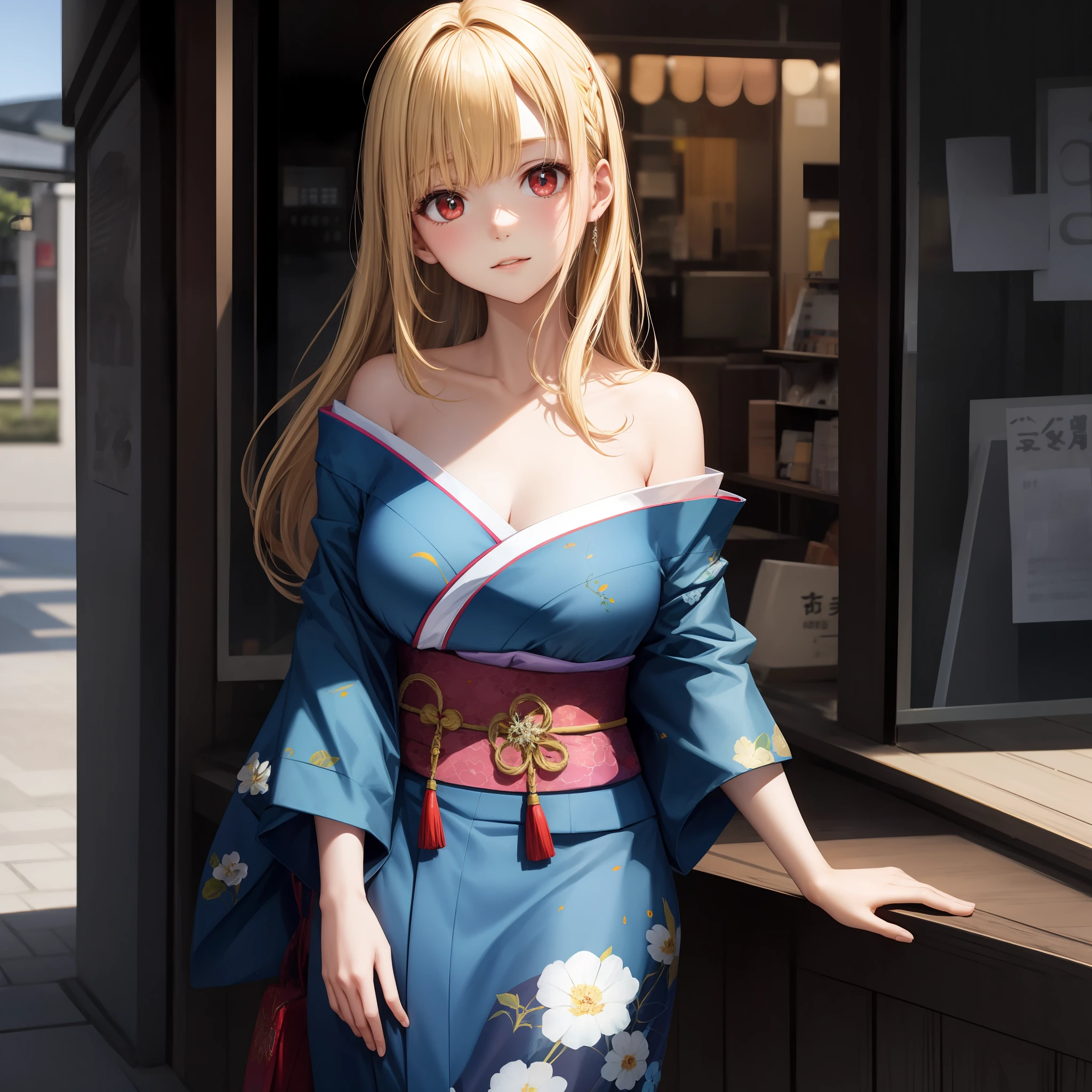 animated cartoon、One blonde girl with red eyes、Blue kimono、off shoulders