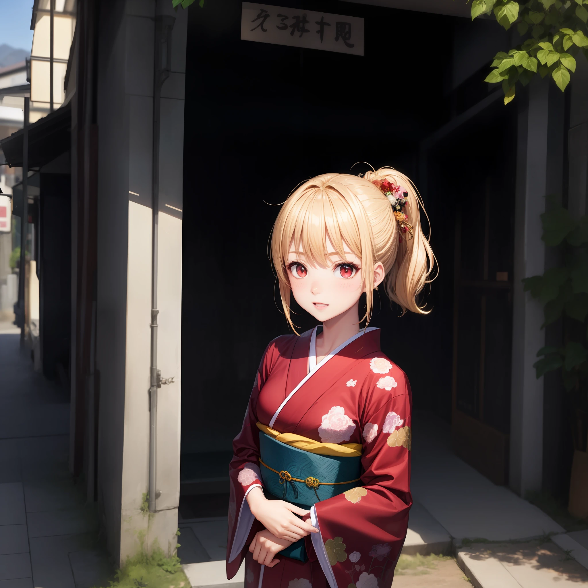 animated cartoon、One blonde girl with red eyes、Kimono with frills