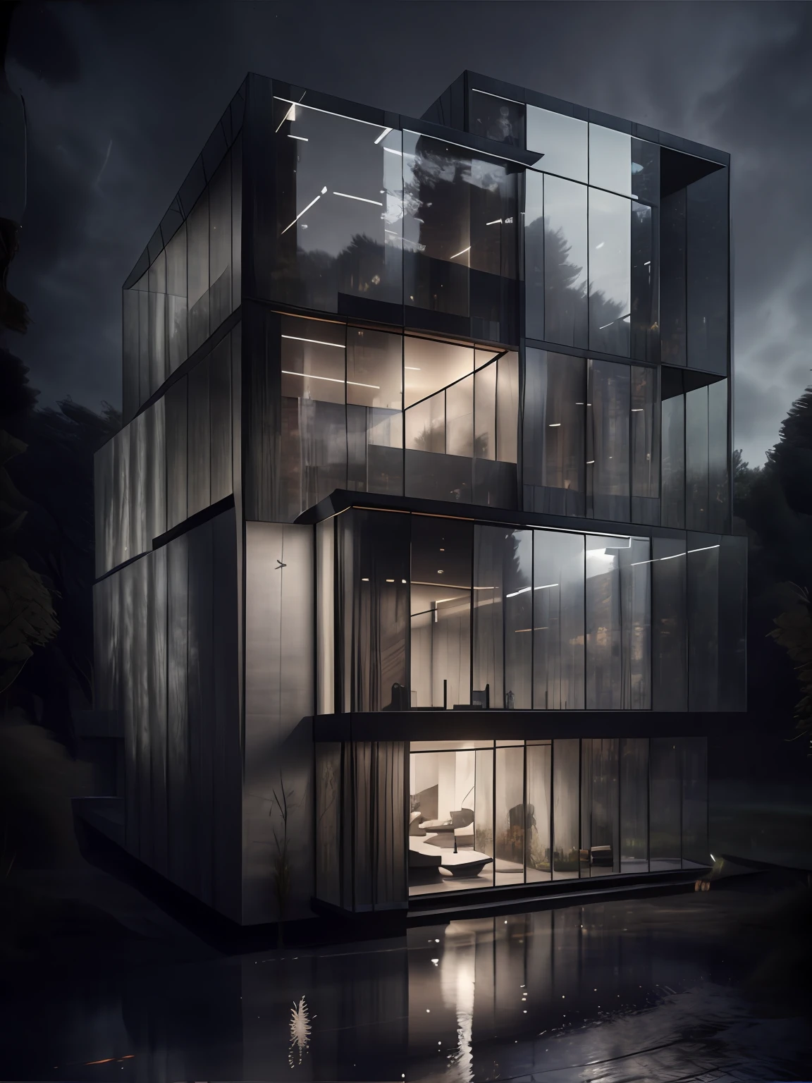 ((masterpiece, best quality)), 8k, modern architecture style, photo realistic, david chipperfield, hyper detailed photo, single box, a digital 3d render of a building, Glass building, leansflare, Water body,building, cloud,day, east_asian_architecture --auto