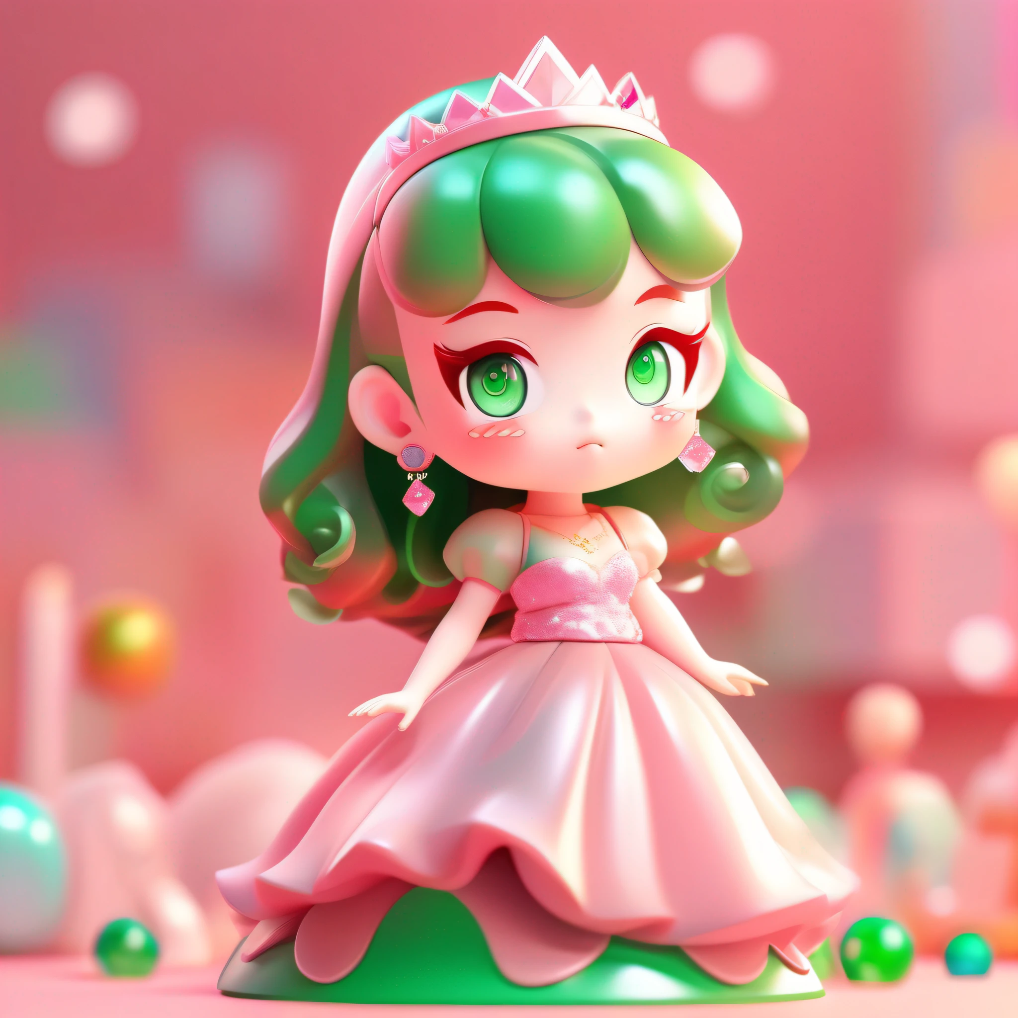 super cute girl IP by popmart,blind box toy, waist up portrait, Agate red hair, emerald green eyes, colorful crystal earrings, and a shimmering pink princess dress,Pinkish background,Harajuku Style ,chibi ,Soft focus ,Mockup, 3D render, oc, blender,best quality,