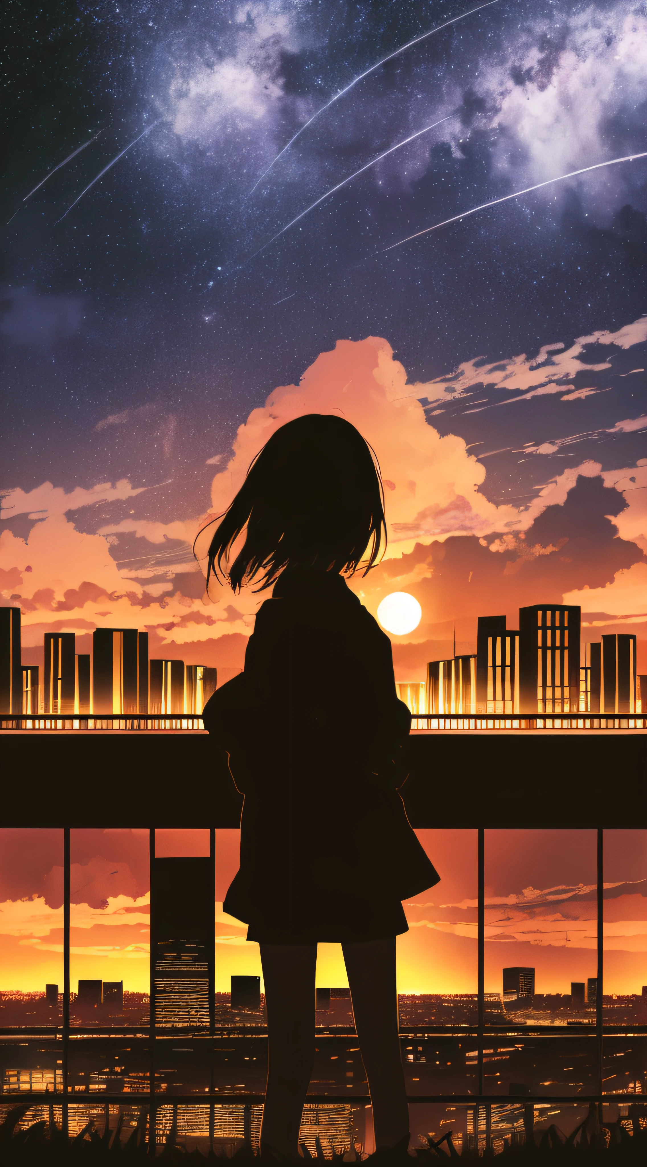anime,silhouette,1girl, star (sky), cloud, cityscape, building, city, outdoors, skyscraper, city lights, night, night sky, sunset, skyline