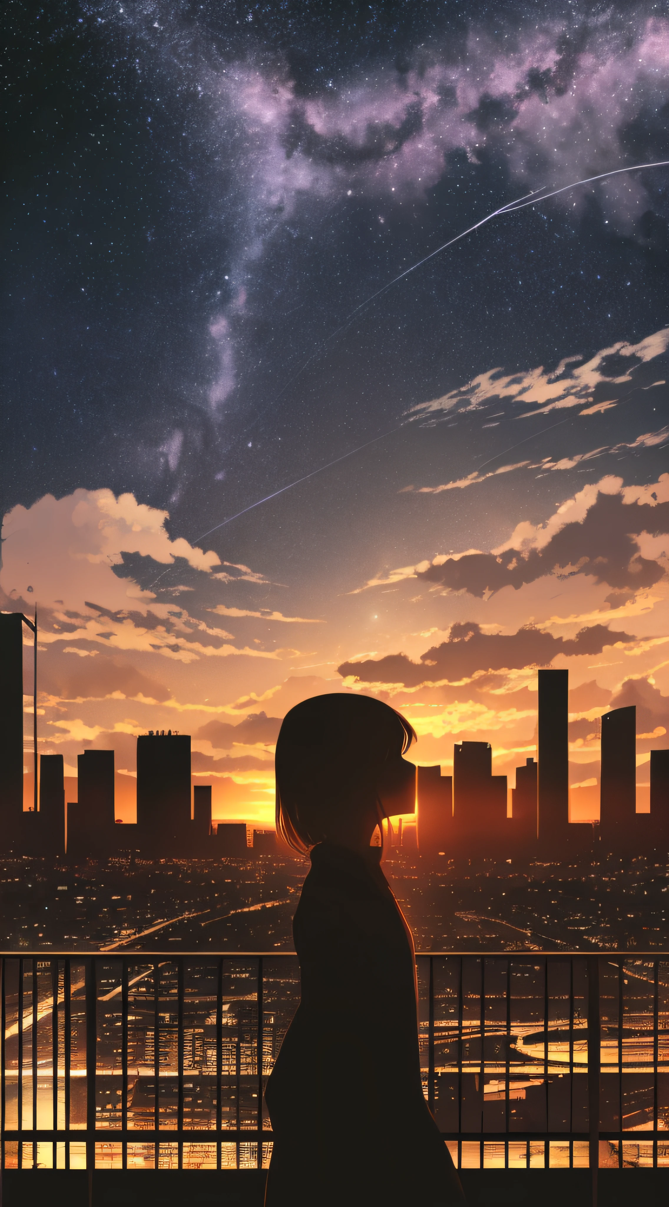 anime,silhouette,1girl, star (sky), cloud, cityscape, building, city, outdoors, skyscraper, city lights, night, night sky, sunset, skyline