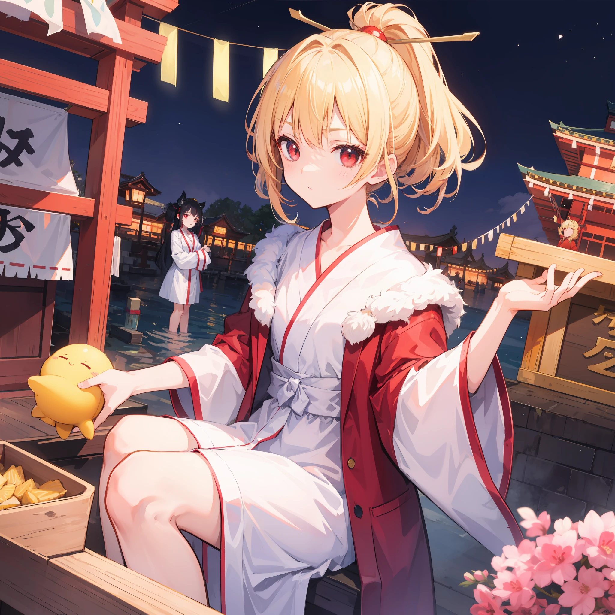 animated cartoon、Blonde and red-eyed girl、bathrobe、sacrifice to、Mikoshi