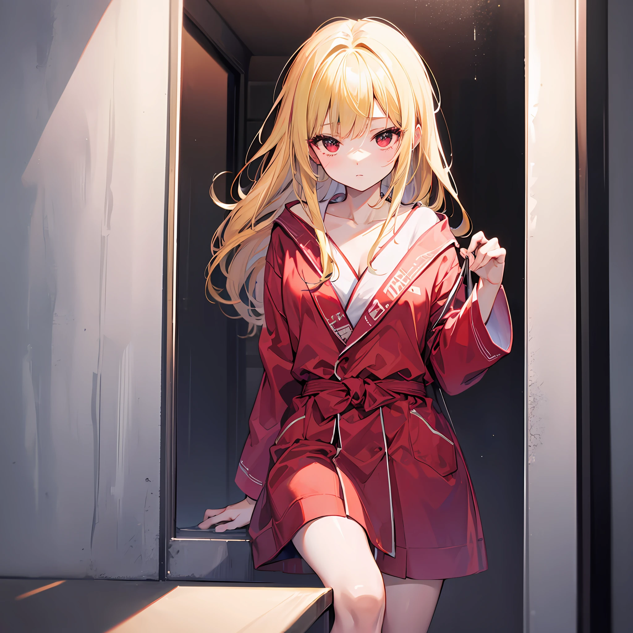 One blonde girl、Red-eyed、bathrobe