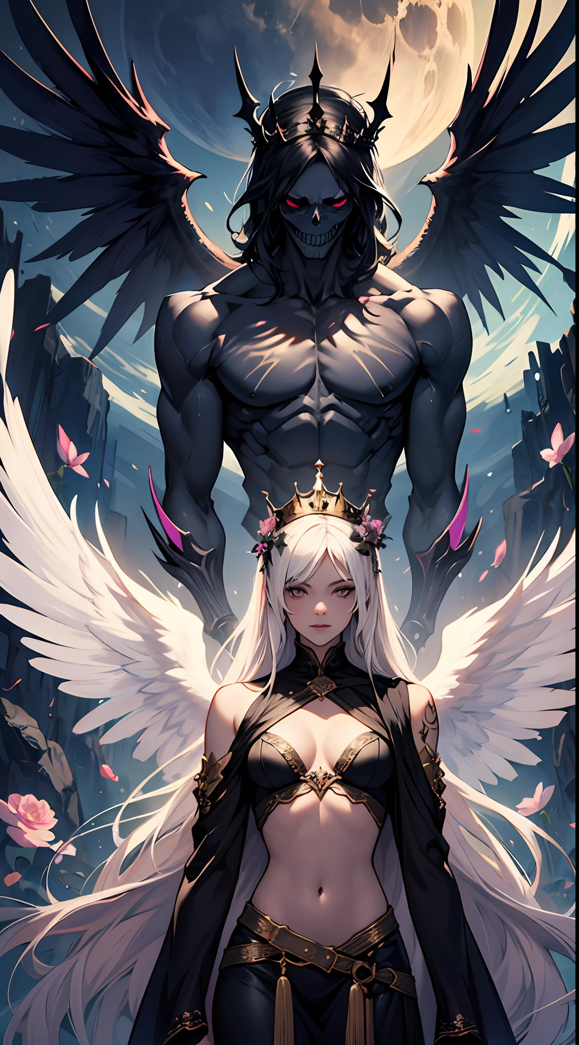 twins,2girls,(An angel,Golden crown,White feathers),(A devil,Skeleton Crown,Black bat wings),Heaven and hell coexist,((Half blooming flowers,Half withered flowers)),Wings,Quantum entanglement,((Hyper-realistic)),Roulette of background fate,intricated,offcial art,masterpiece,high qulity,super-fine,16K resolution,
