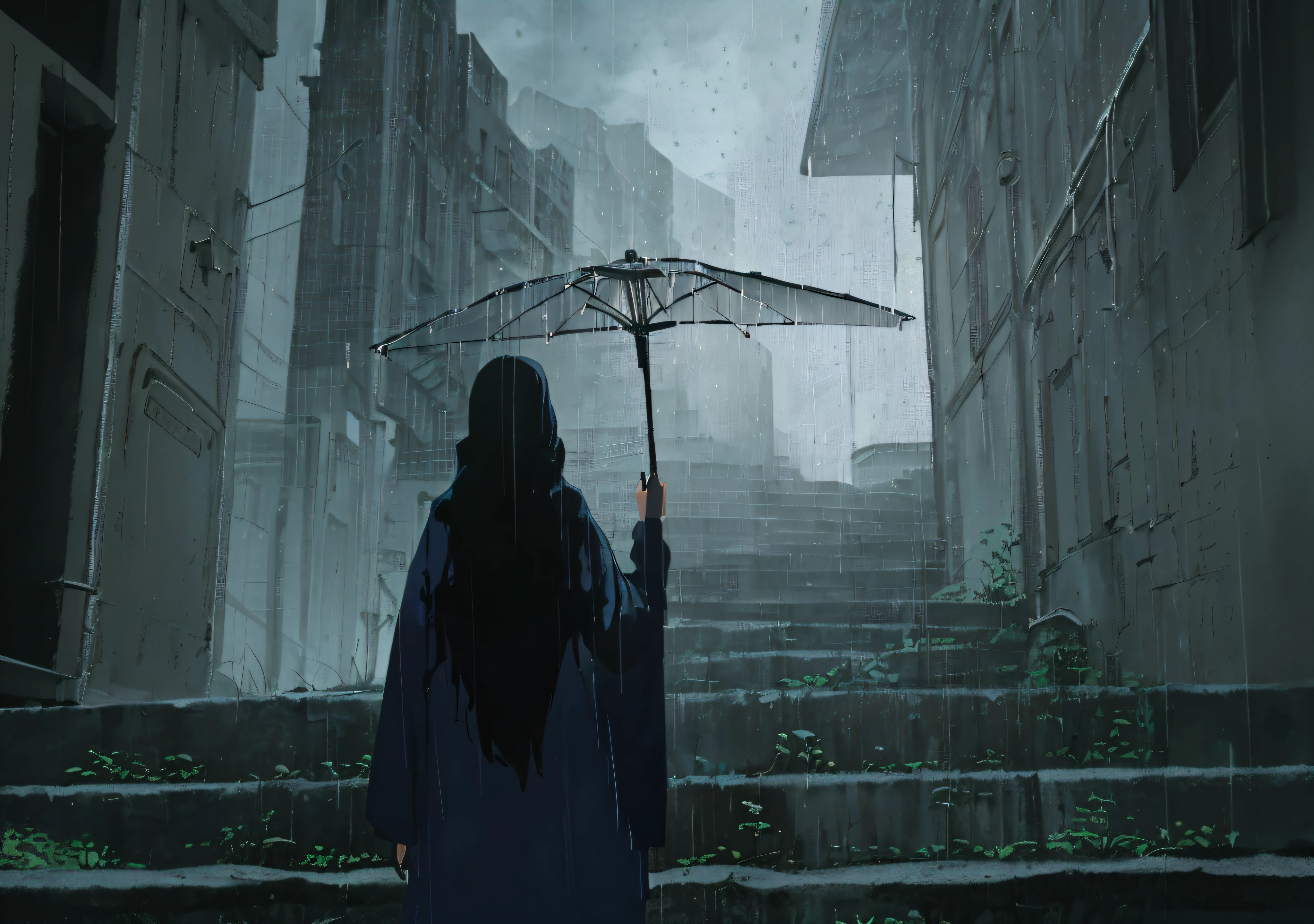 there is a woman standing in the rain with an umbrella, keyframe illustration, Dramatic lighting. concept arts, an ominous fantasy illustration, Rainy days. game render, animated movie still, cinematic matte illustration, Atmospheric anime, emotional concept art, keyframe, anime atmospheric, Atmospheric. Digital painting, concept art for movies, anime film still, eerie art style