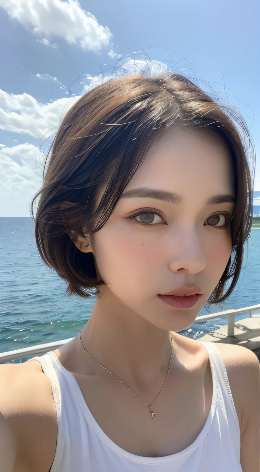 ((beste-Qualit、​masterpiece:1.3))、foco nítido:1.2、(realisitic、a photorealistic:1.37)、perfect beautiful female、Highly detailed facial and skin texture、Detailed eyes and double eyelids、short cut hair、small busts、Small necklace、White sleeveless shirt、Strong sunshine、Summer sea and sky、