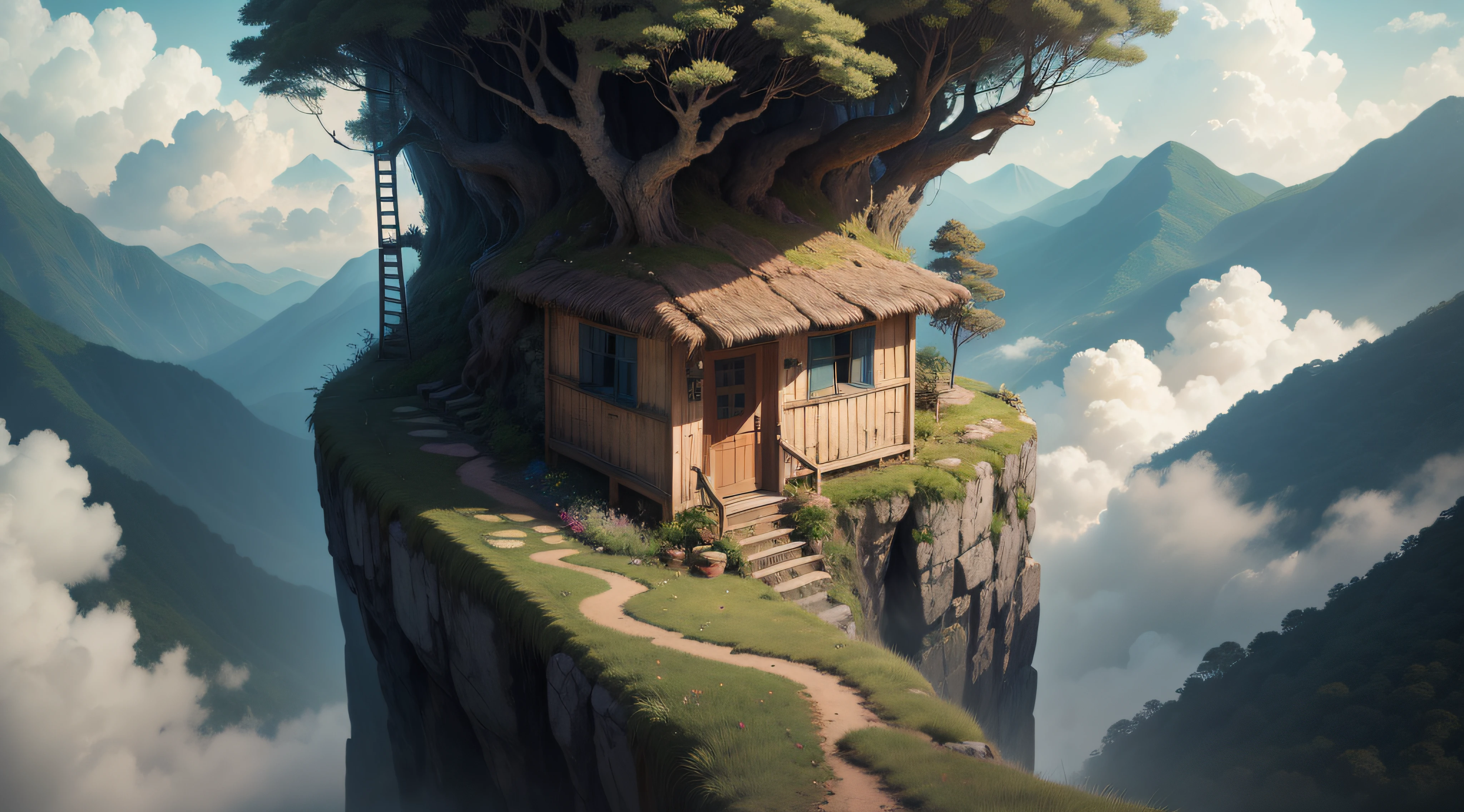 floresta, cachoeira, cercada de flores silvestres. a small hut with one person standing on its balcony, vista de longe. obra-prima, melhor qualidade, muito detalhada, sky with clouds, piso, rio com pedras gigantescas,