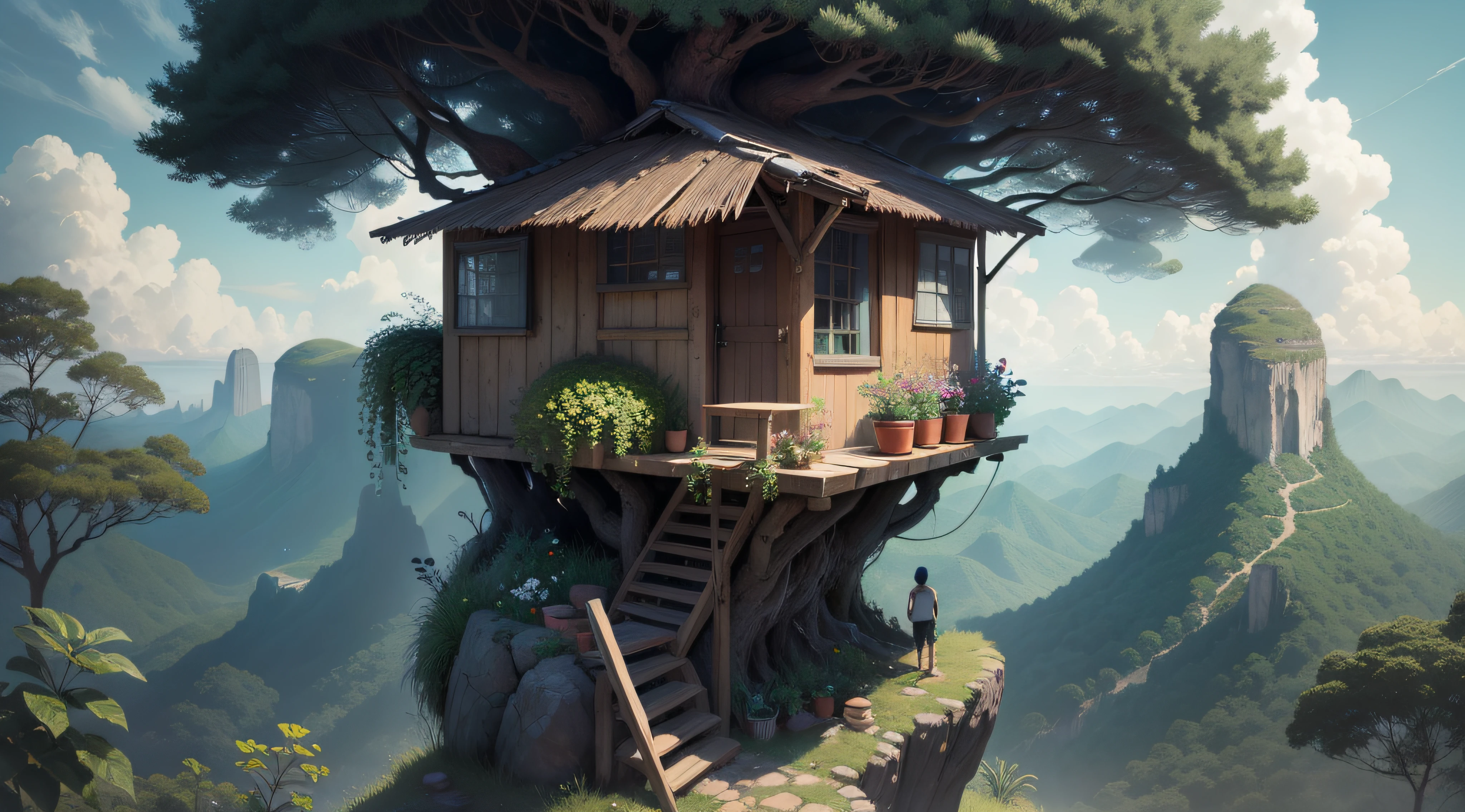 floresta, cachoeira, cercada de flores silvestres. a small hut with one person standing on its balcony, vista de longe. obra-prima, melhor qualidade, muito detalhada, sky with clouds, piso, rio com pedras gigantescas,