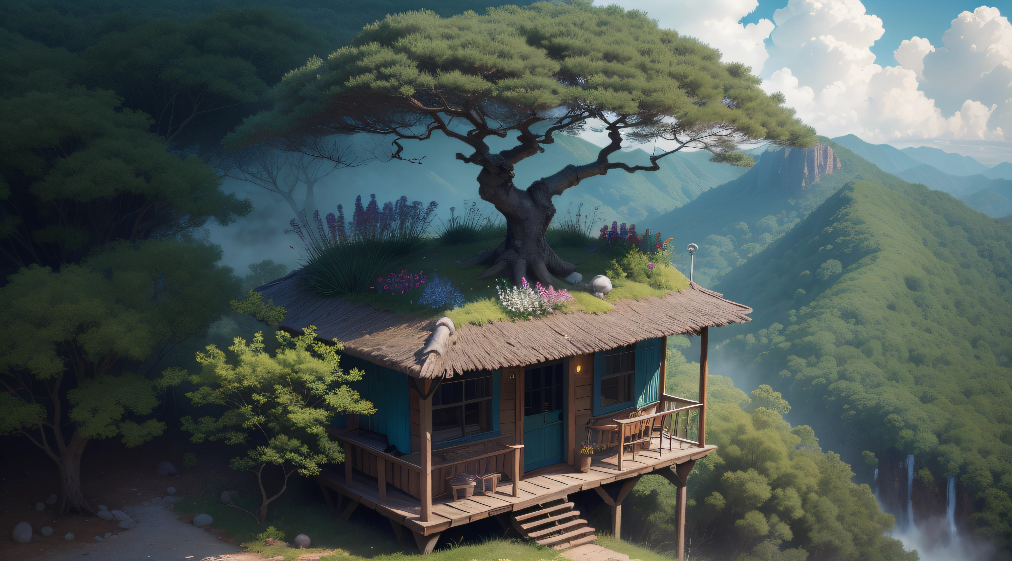 floresta, cachoeira, cercada de flores silvestres. a small hut with one person standing on its balcony, vista de longe. obra-prima, melhor qualidade, muito detalhada, sky with clouds, piso, rio com pedras gigantescas,