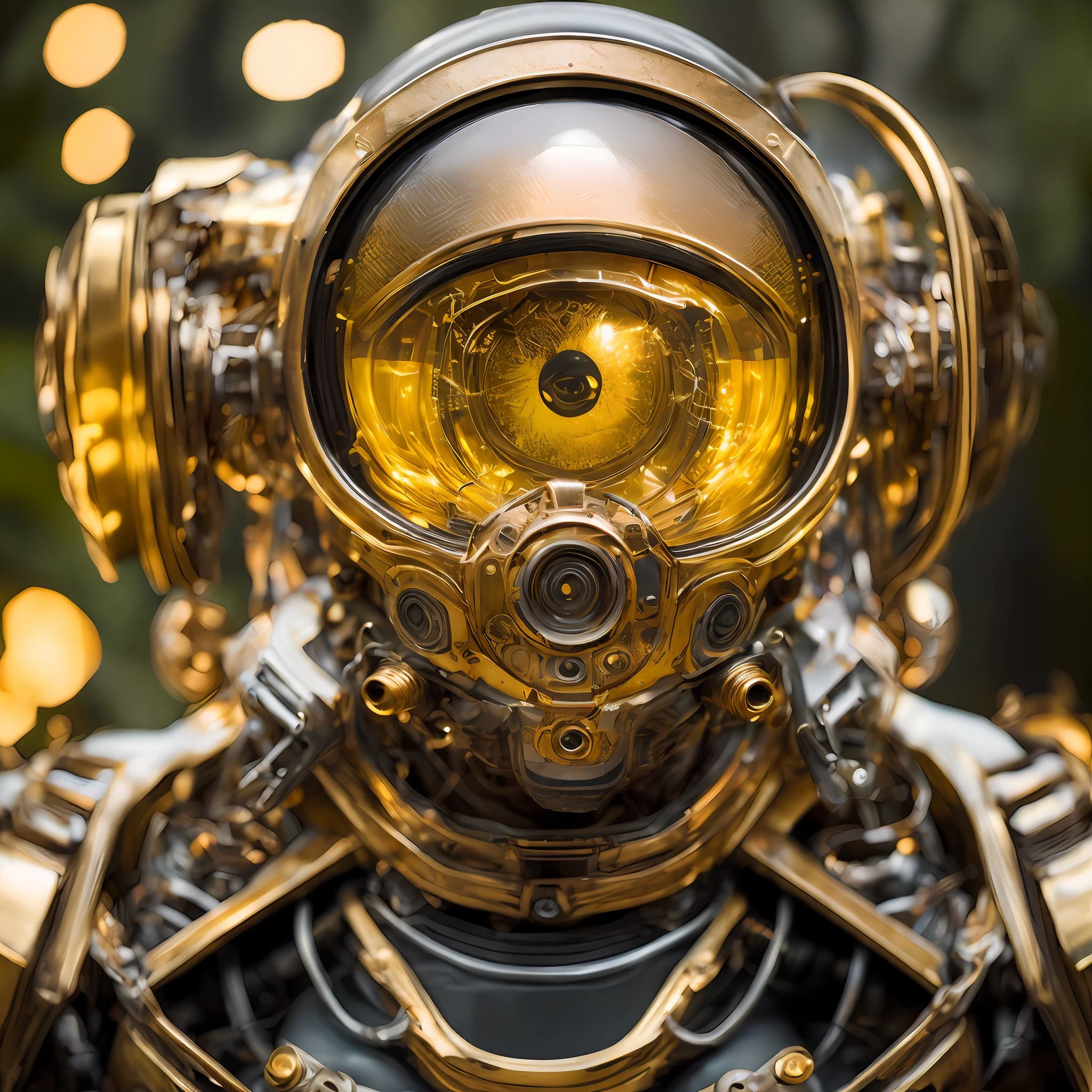 Portrait photo of transparent gold worn mech suit, one central lenticular eye, one big central eye, ((light bokeh)), intricate, ((translucent) liquid water [rust]), elegant, sharp focus, photo by greg rutkowski, soft lighting, vibrant colors, masterpiece, ((dark jungle)), detailed face