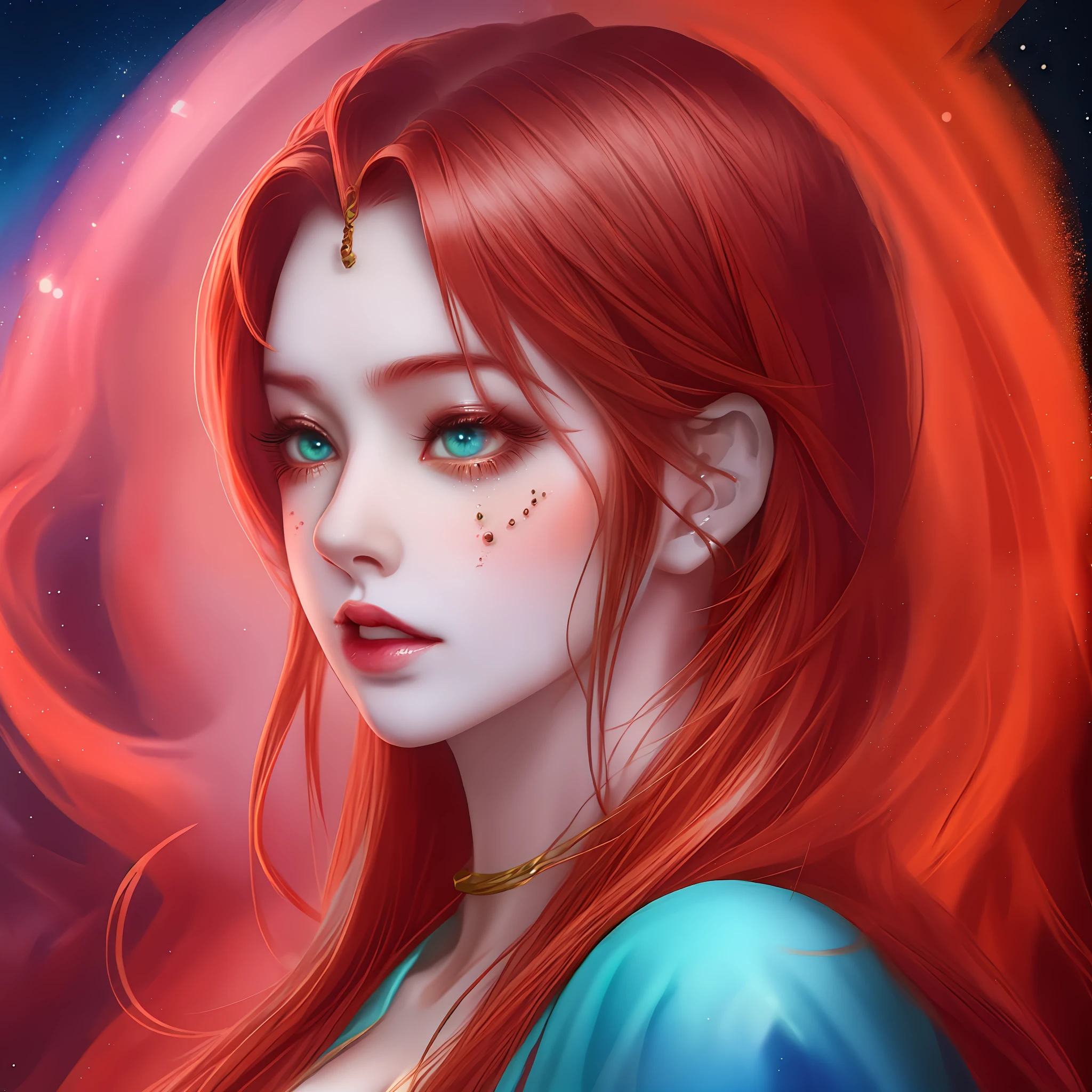 Award winning professional photograph of a very hot anime woman in blue and red theme portrait anime style, epiC realism, niji style